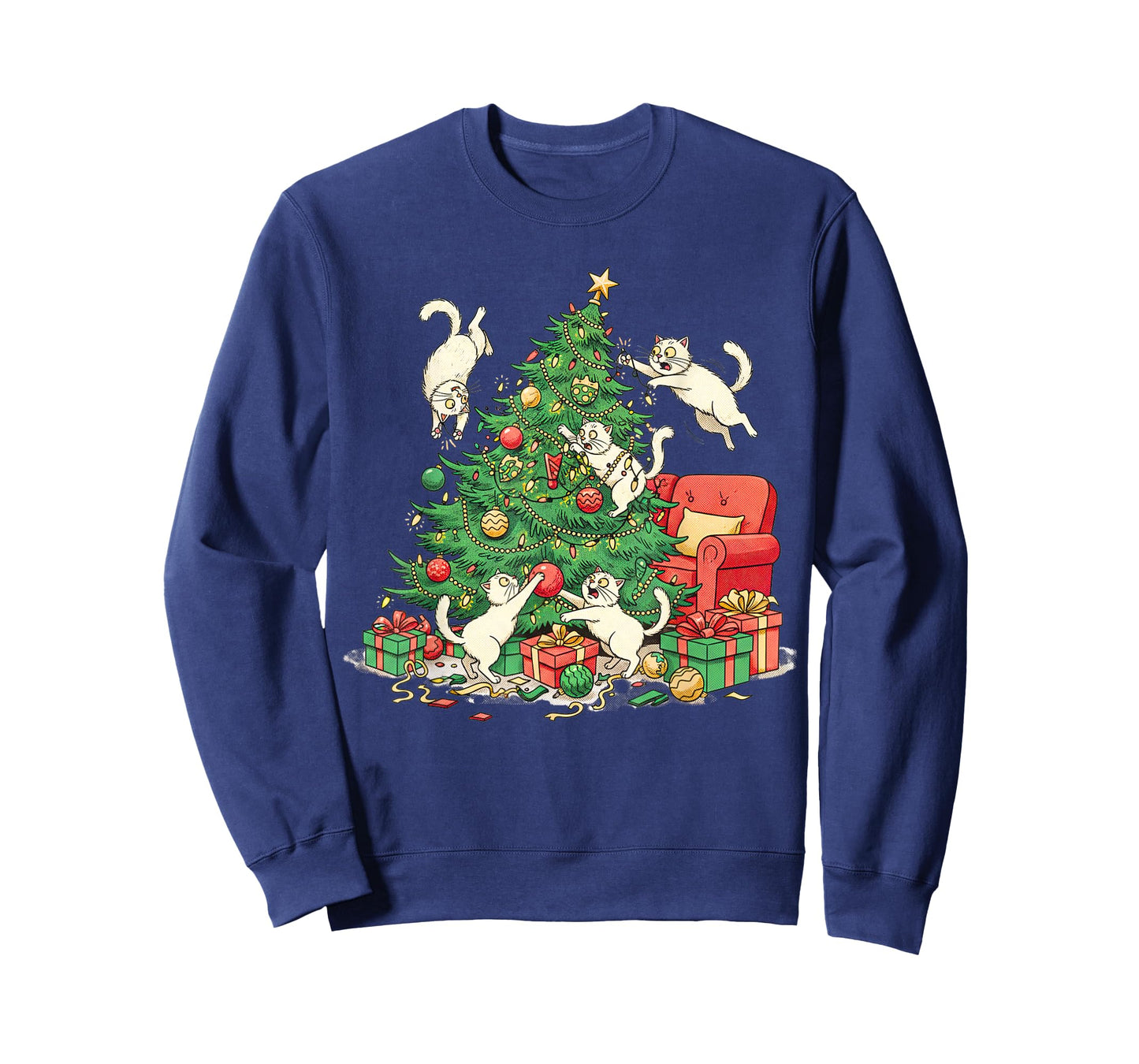 Funny Cat Christmas Tree Chaos Festive Holiday Art T-Shirt