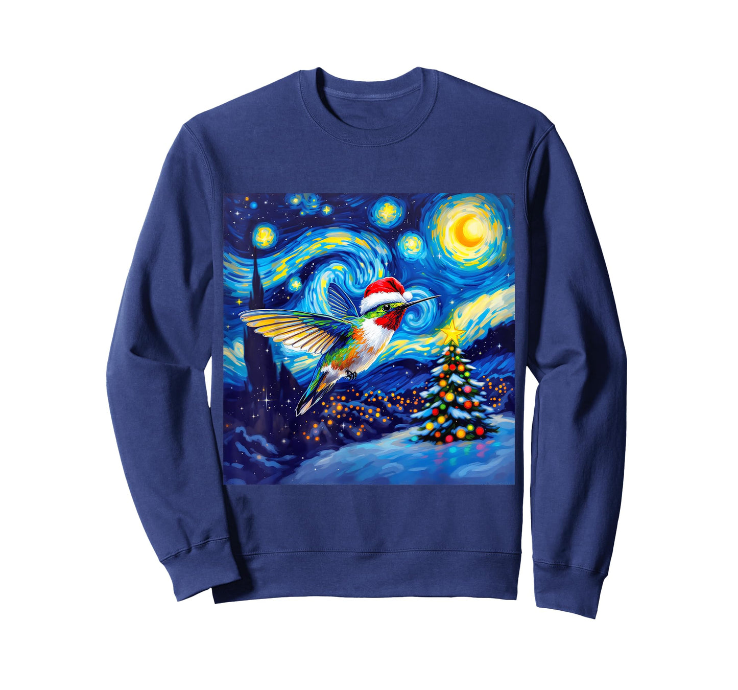 Christmas Hummingbird Santa Hat Van Gogh Starry Night T-Shirt