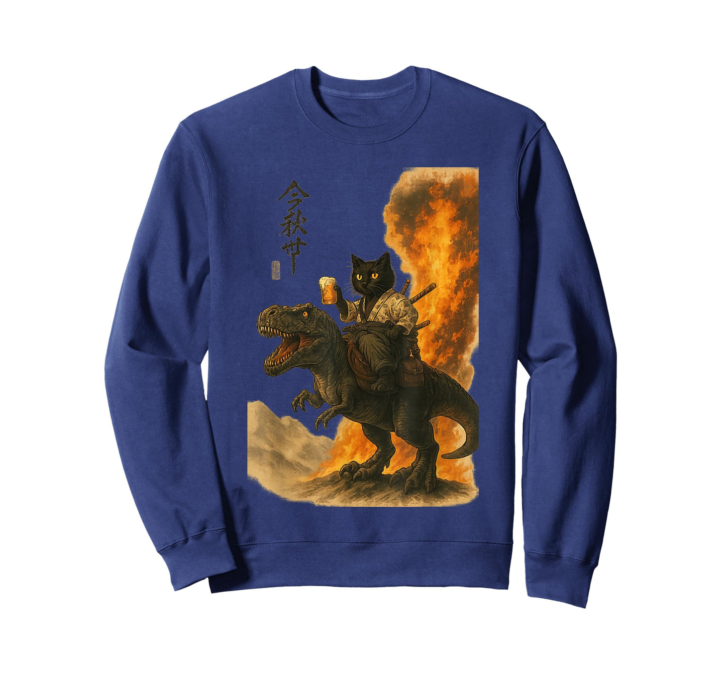 Black Cat Samurai Dinosaur Sea Wave Print T-Shirt