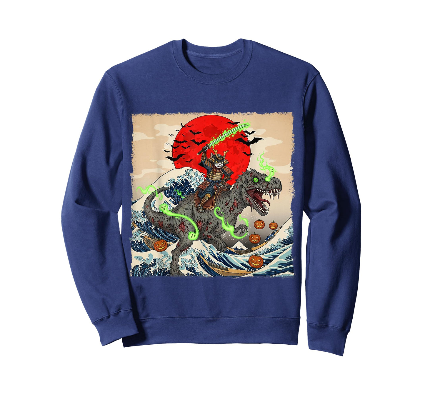 Samurai Cat vs Zombie Dinosaur Spooky Ukiyo-e Halloween Tee T-Shirt