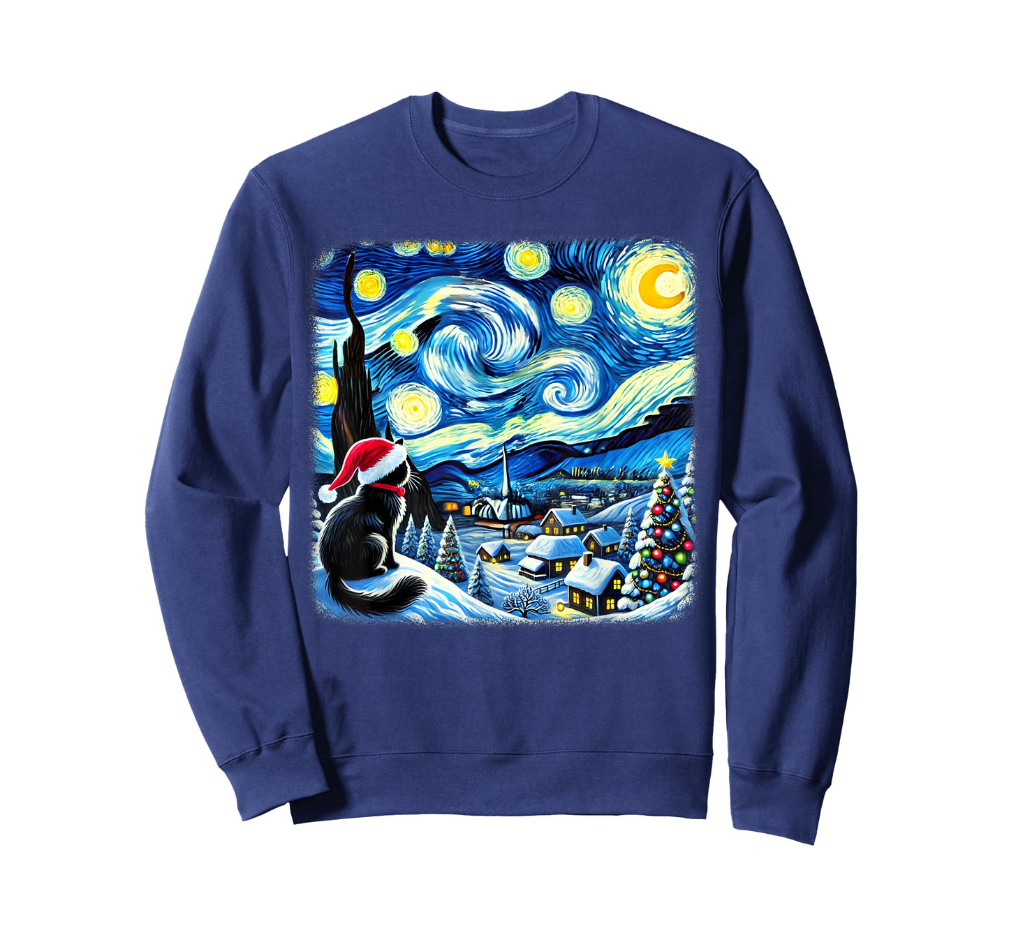 Christmas Van Gogh Starry Night Black Cat Santa Hat Xmas T-Shirt for Men Women Kids