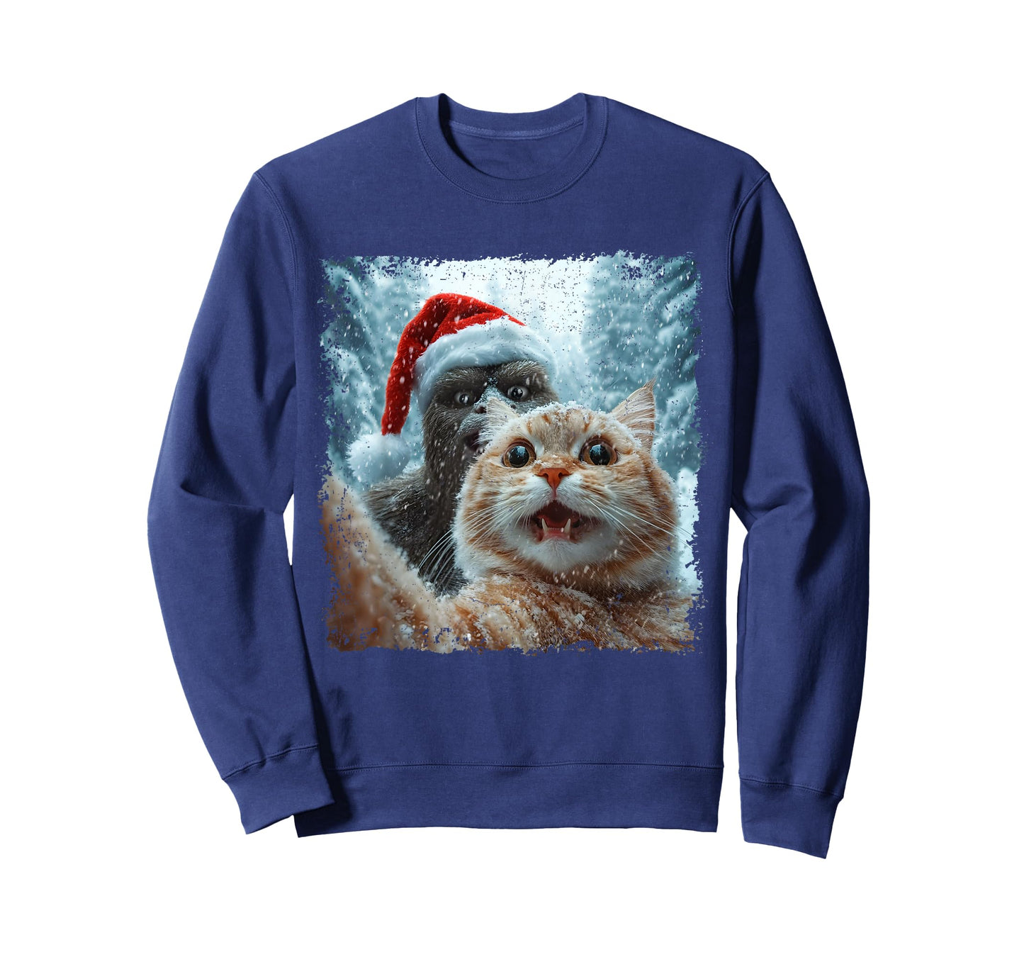 Funny Bigfoot and Cat Christmas Selfie Design T-Shirt