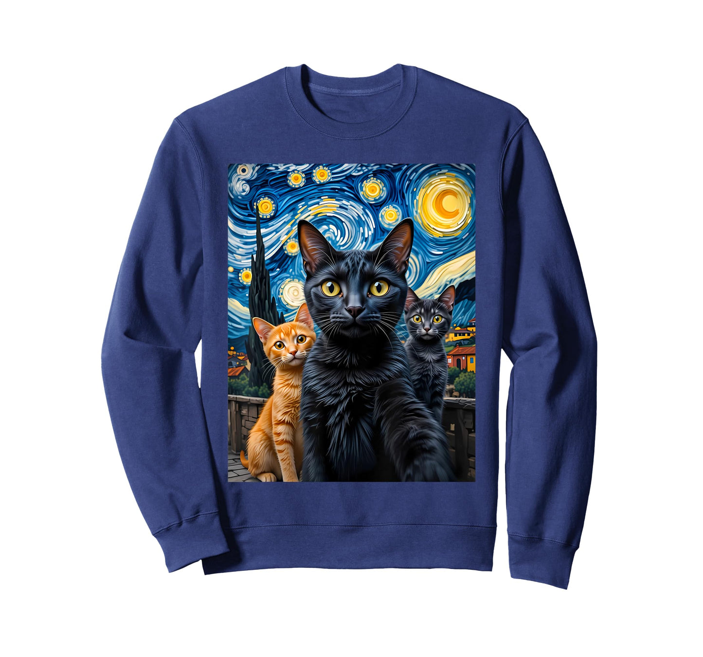Cat Selfie Van Gogh Funny Black Cat Starry Night Men Women T-Shirt