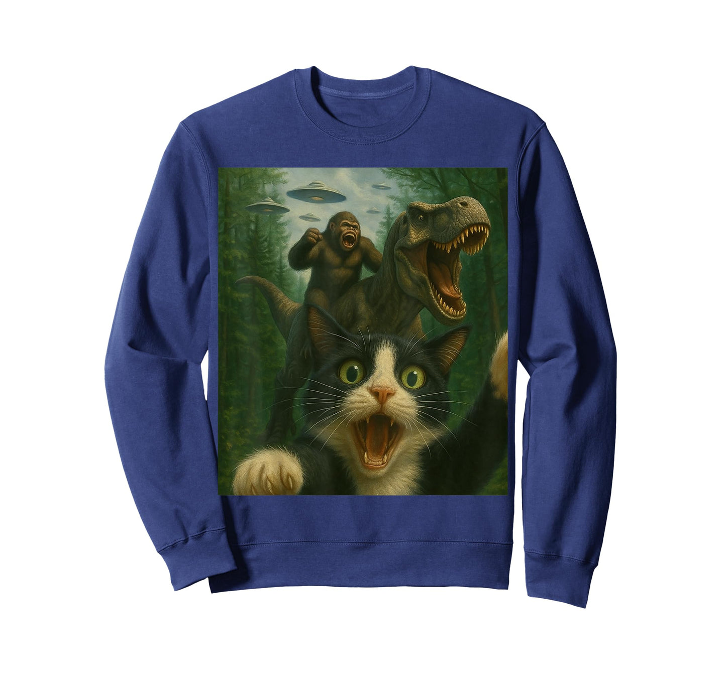 Funny Surprised Scared Cat Selfie T-Rex Dinosaur Bigfoot UFO T-Shirt