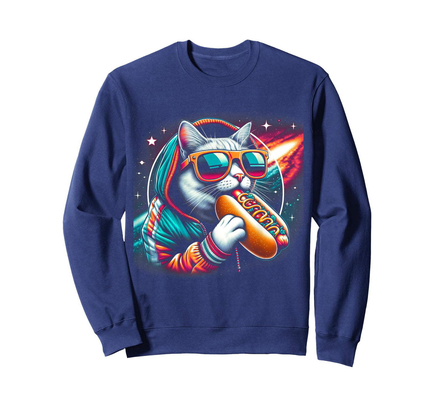 Funny Cat eating Hotdog in space kitty Space Galaxy Men Women Kids T-Shirt