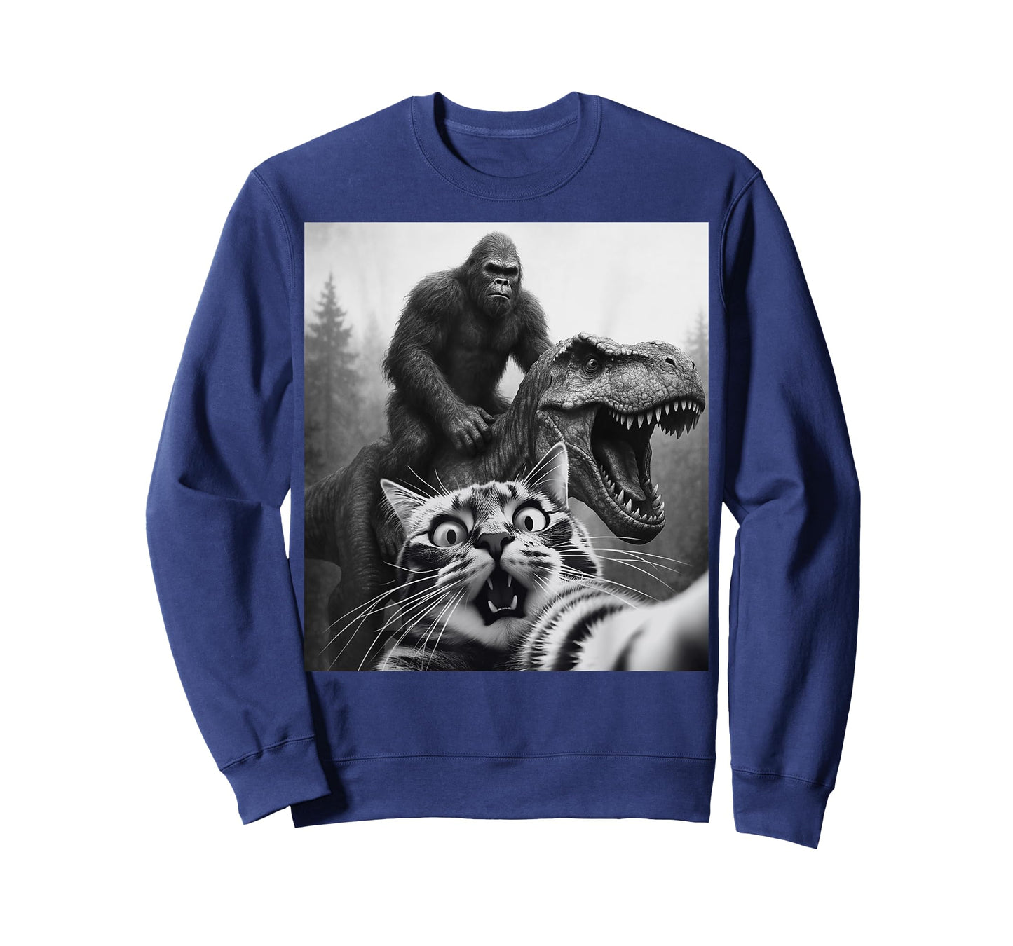 Funny Cat Selfie with Bigfoot Riding Dinosaur T-rex T-Shirt