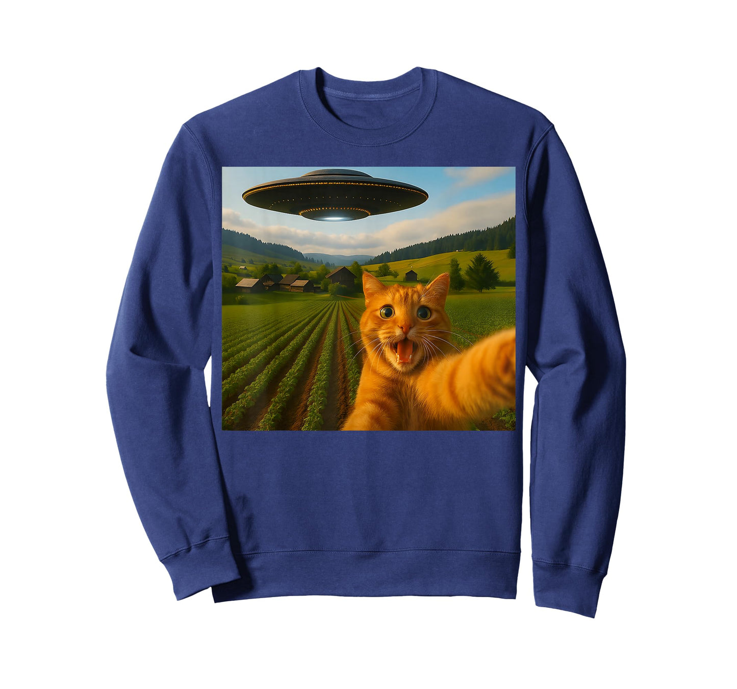 Orange Cat Selfie with Alien UFO for Men Women Kid T-Shirt