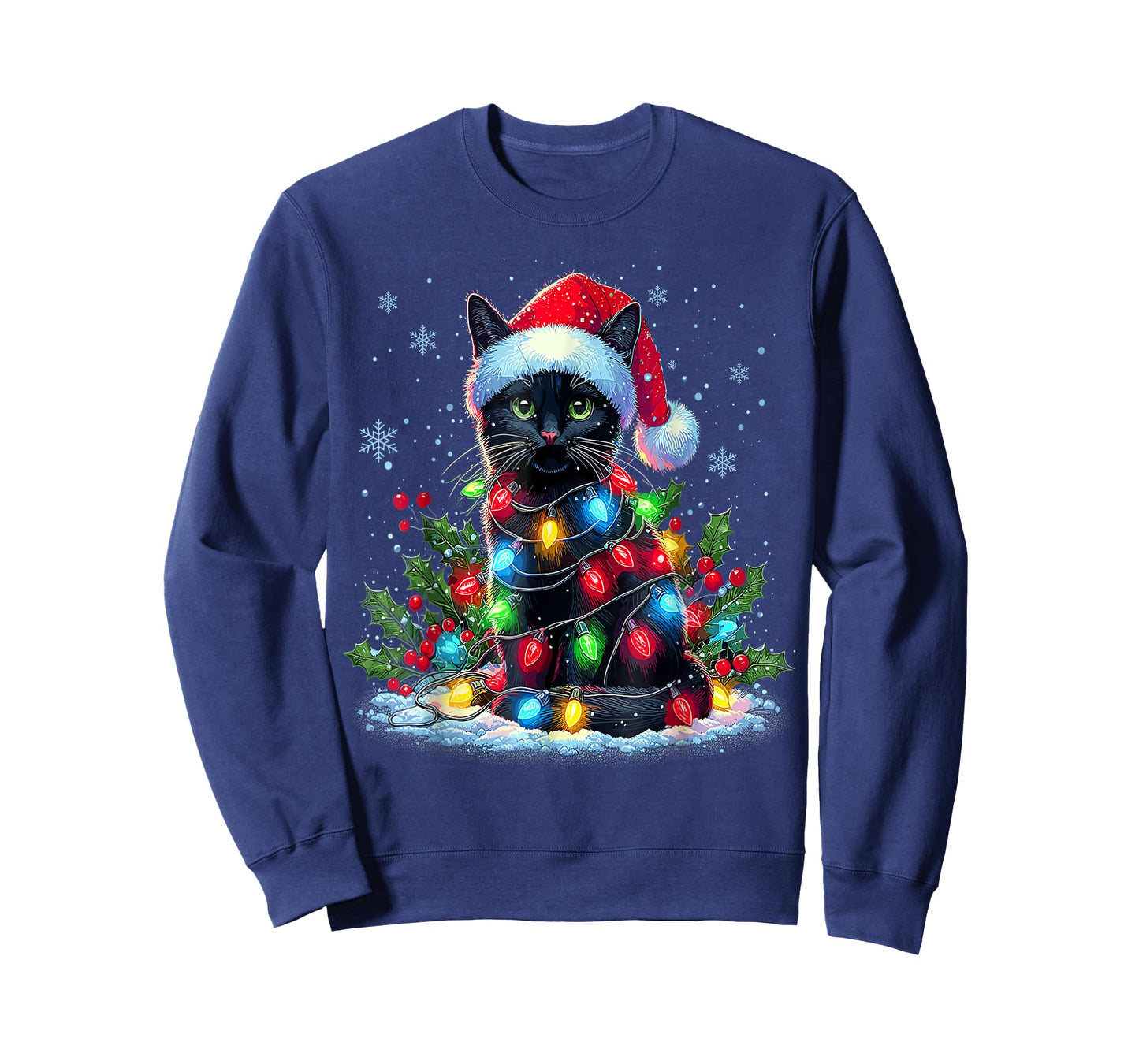 Funny Black Cat Wrapped in Christmas Lights Festive Art T-Shirt