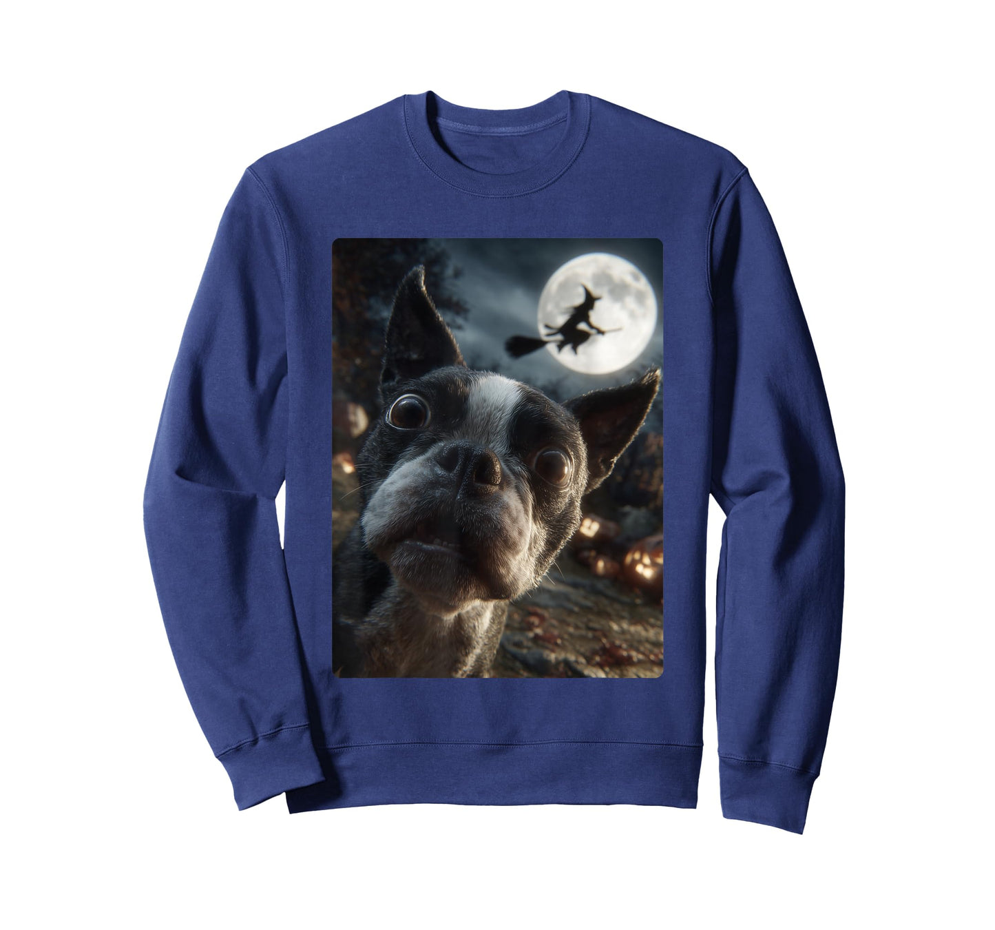 Boston Terrier Selfie Full Moon Flying Witch Halloween Dog T-Shirt