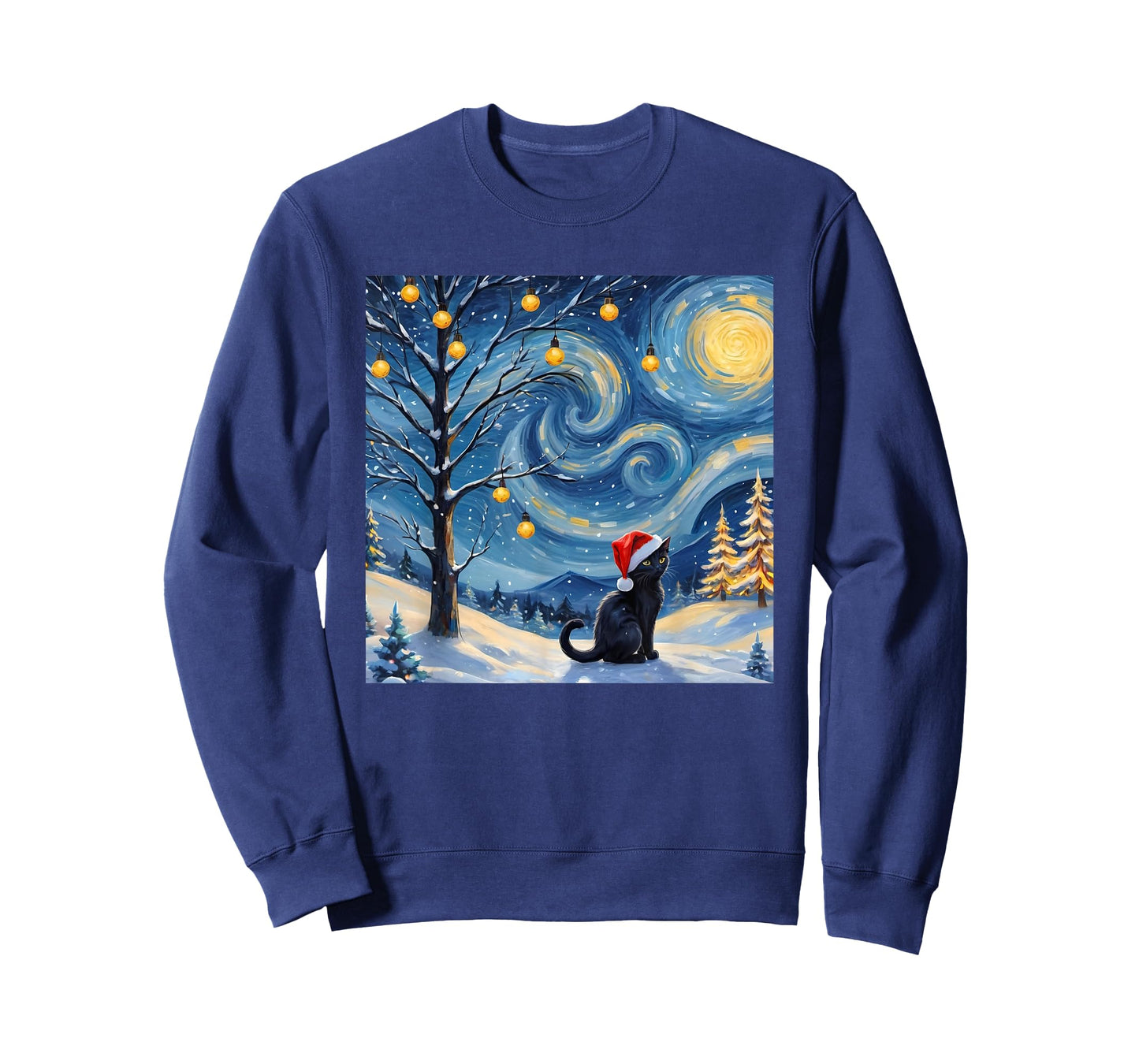 Christmas Van Gogh Starry Night Black Cat Santa Hat Vintage T-Shirt for Men Women Kids