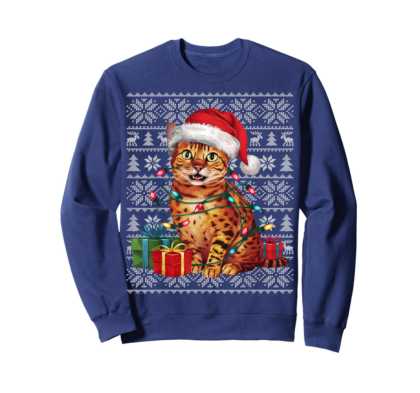 Xmas Sweater Style Ugly Santa Hat Bengal Cat Christmas T-Shirt for Men Women Kids