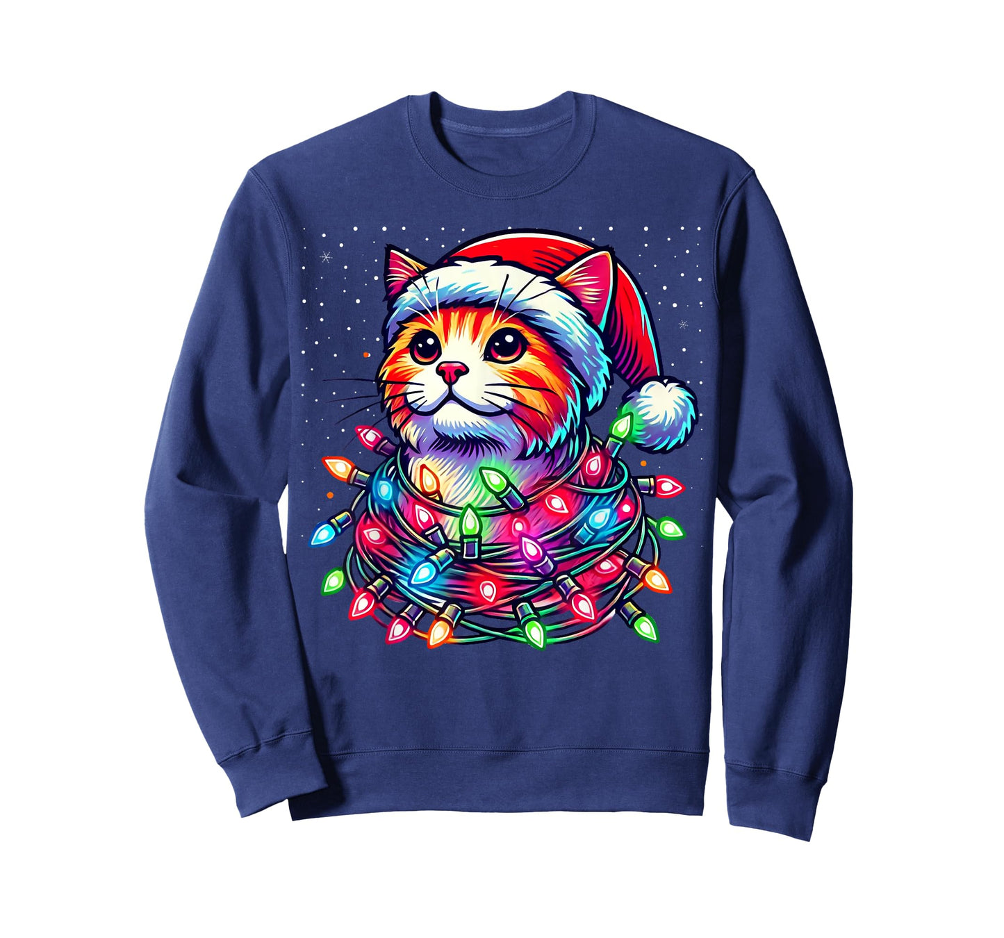 Santa Cat Tangled Up in Christmas Lights Funny Xmas Pajama T-Shirt