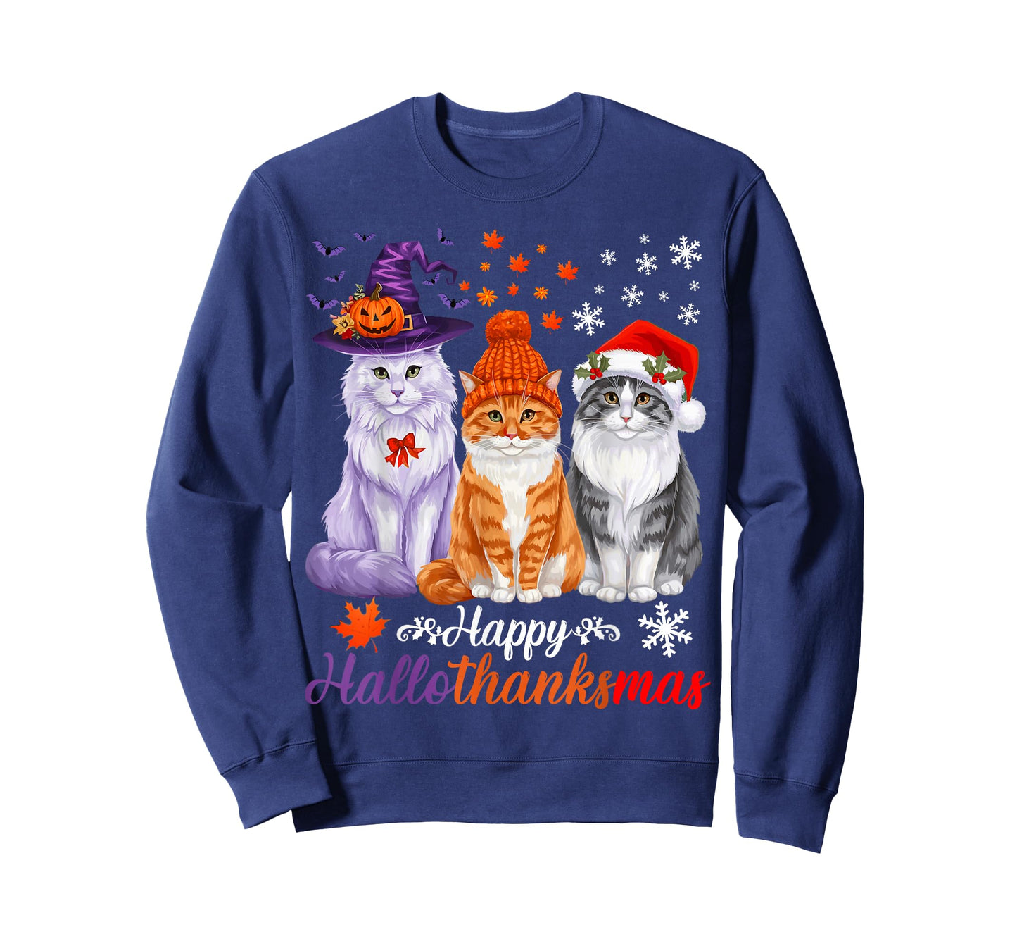 Happy HalloThanksMas Cats Halloween Thanksgiving Christmas T-Shirt