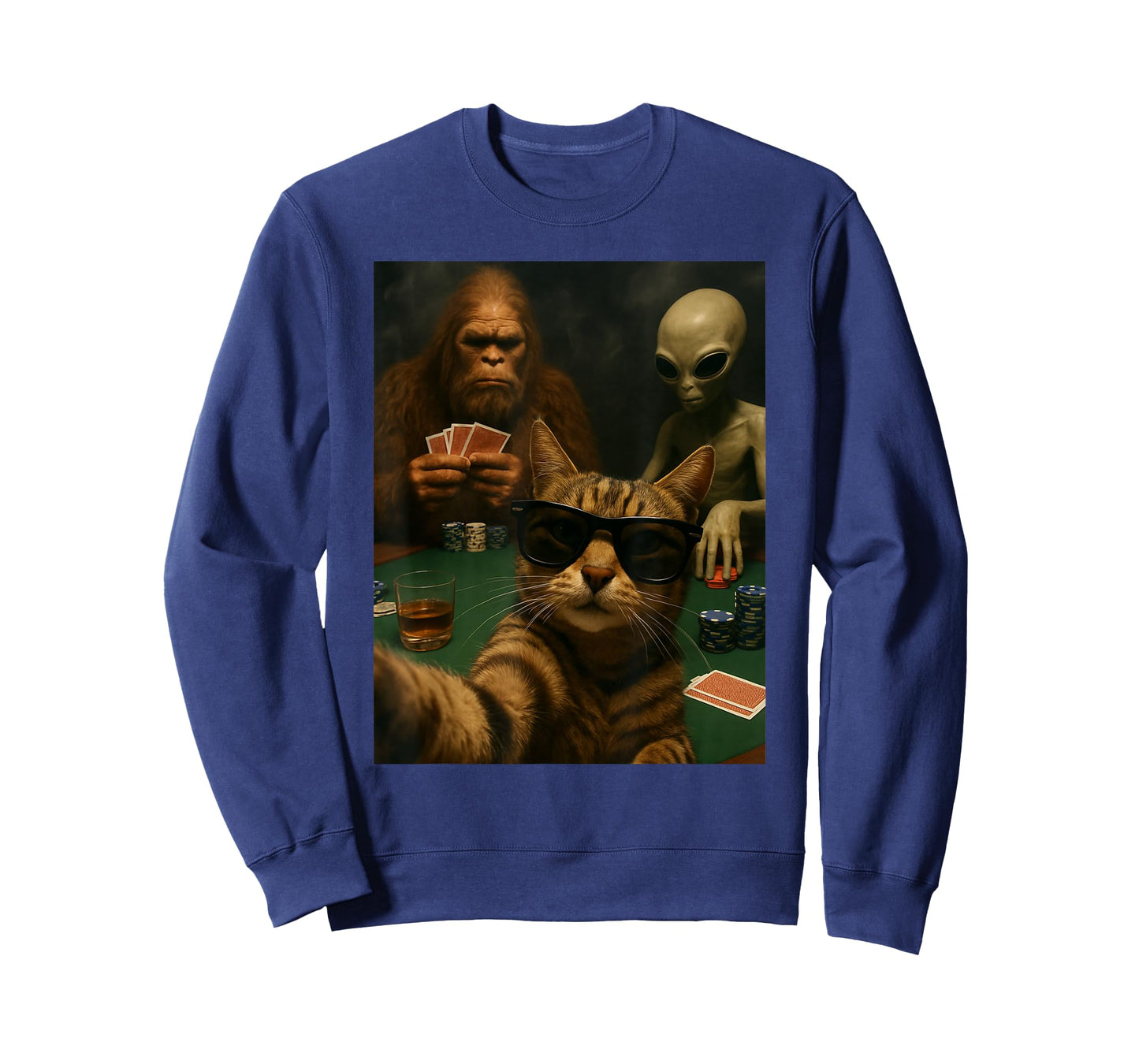 Cat Poker Selfie Bigfoot & Alien Playing Cards Funny T-Shirt