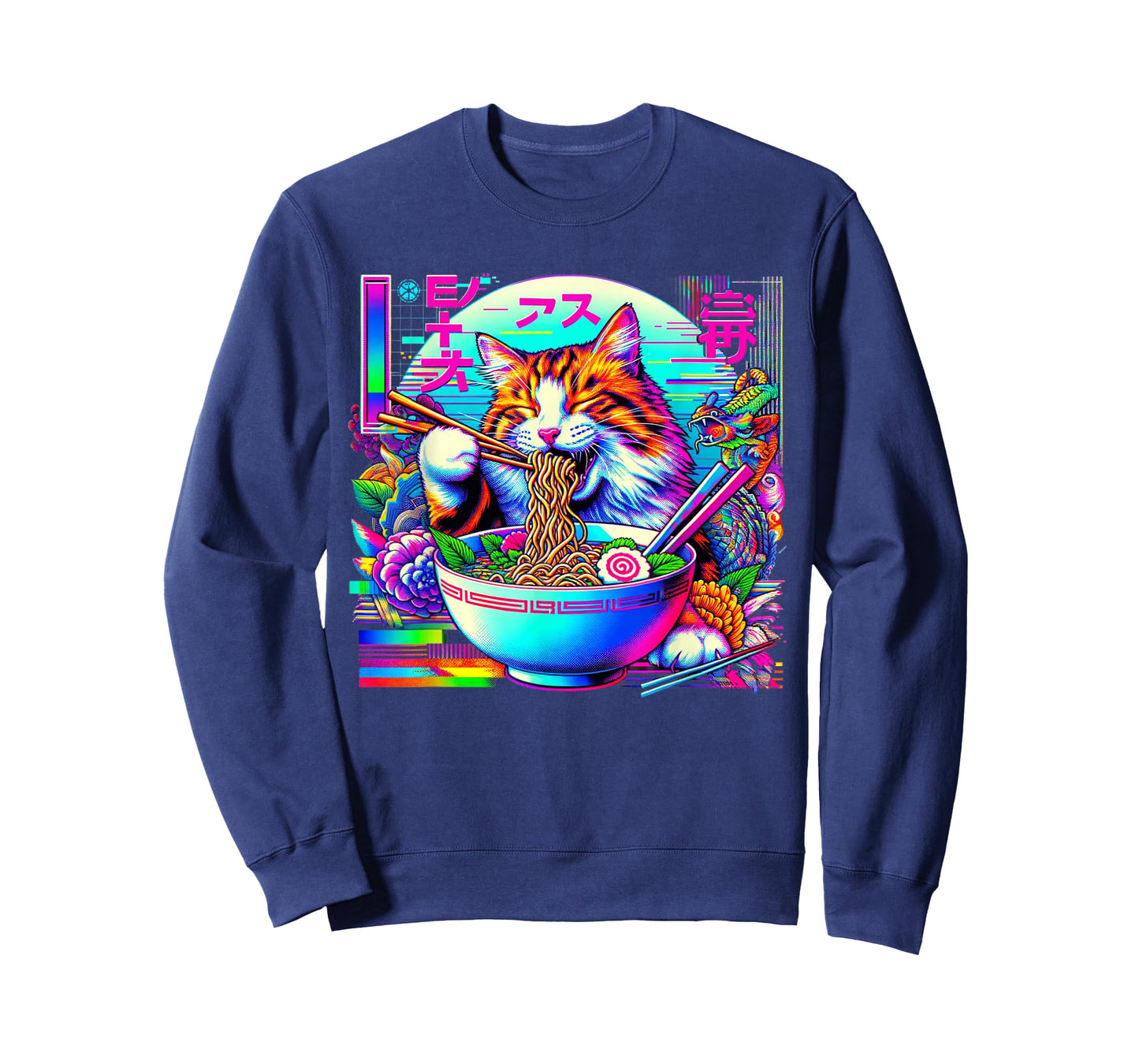 Vaporwave Japanese Glitch Art Cat Eating Ramen T-Shirt