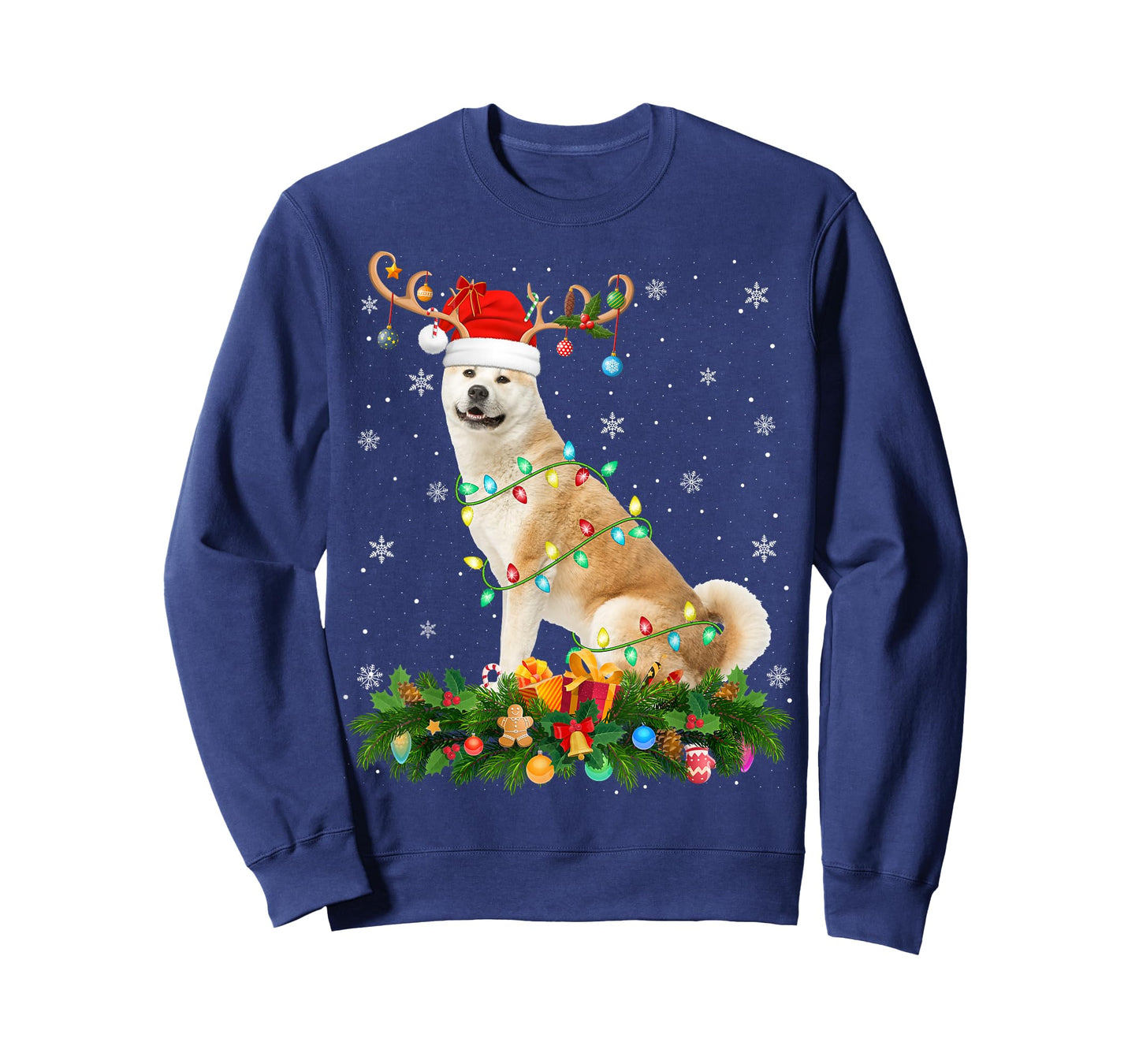 Akita Inu Christmas Lights Reindeer Santa Hat Dog Xmas T-Shirt