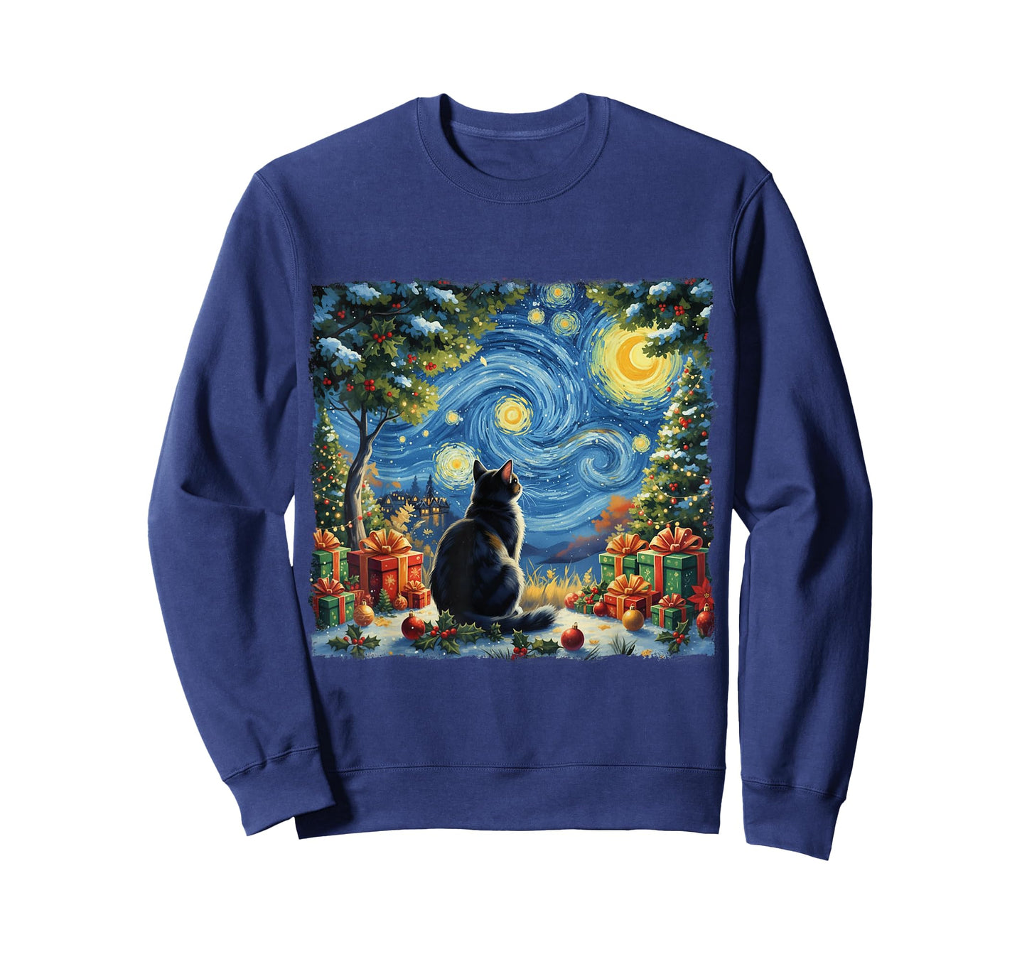 Christmas Cat Starry Night Van Gogh Santa Winter Gift Art T-Shirt