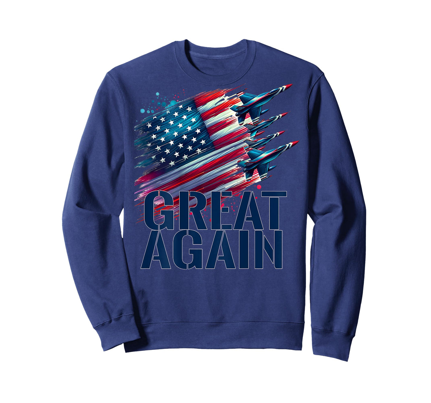 On Back Patriotic American Flag and Jets USA GREAT AGAIN T-Shirt