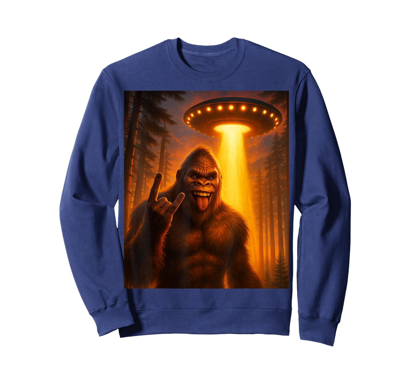 Sasquatch Bigfoot Selfie with UFO Alien Rock On Gift Graphic T-Shirt