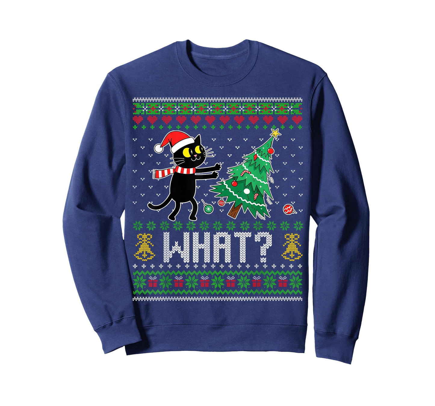 Black Cat Pushing Christmas Tree Cat What Funny Ugly Xmas T-Shirt