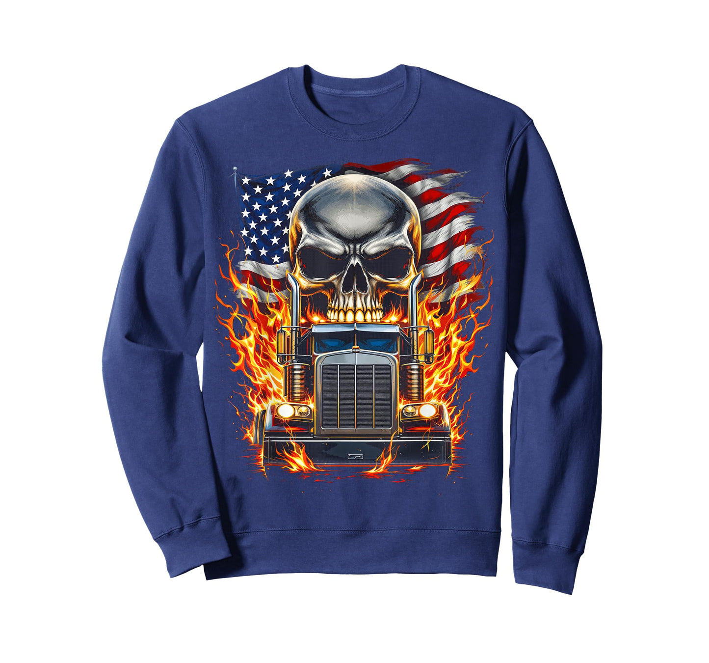 Trucker Patriotic American Flag Semi Truck Driver Skull T-Shirt