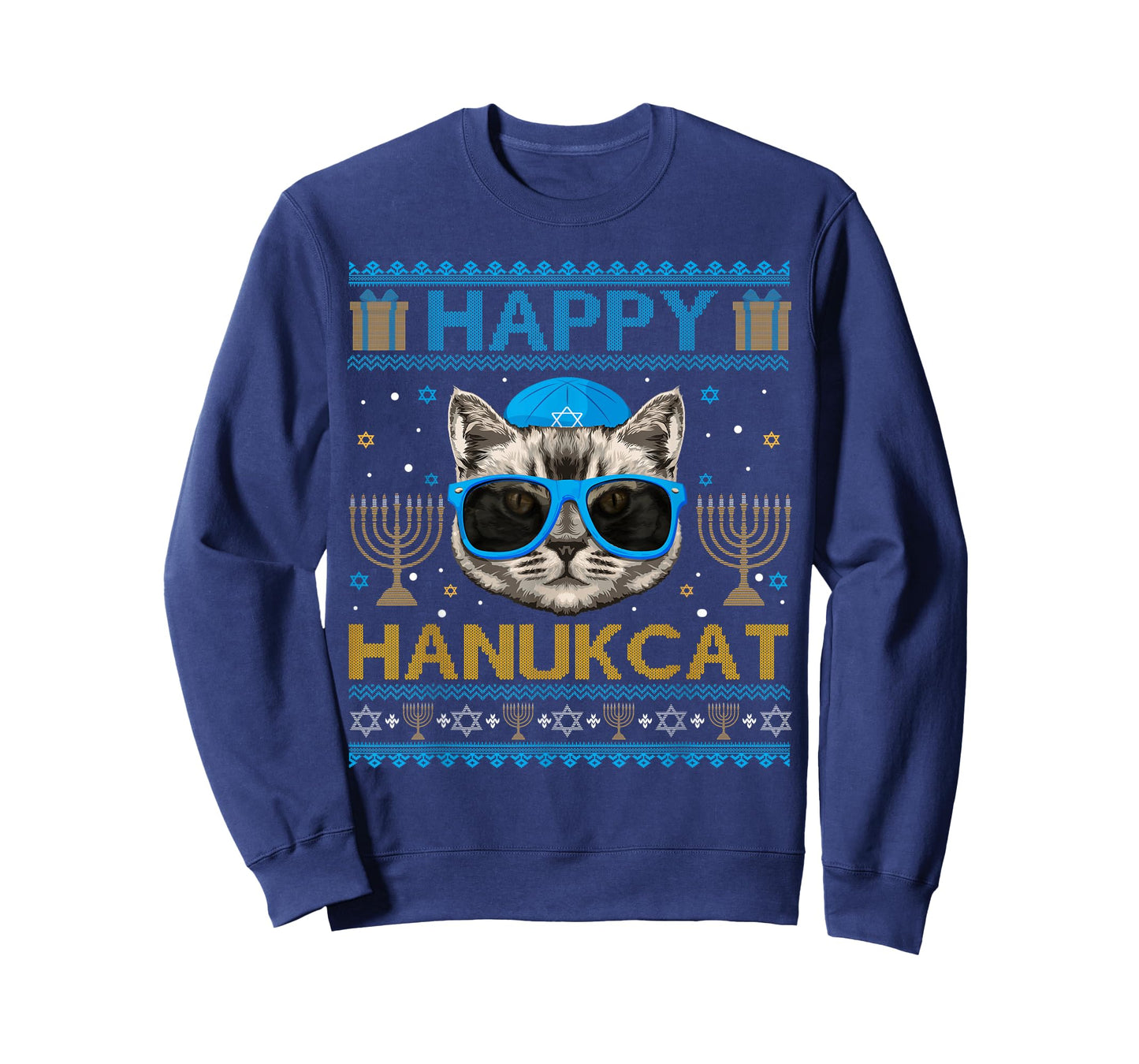Happy Hanukcat Ugly Hanukkah Sweater Cat Chanukah Jewish T-Shirt