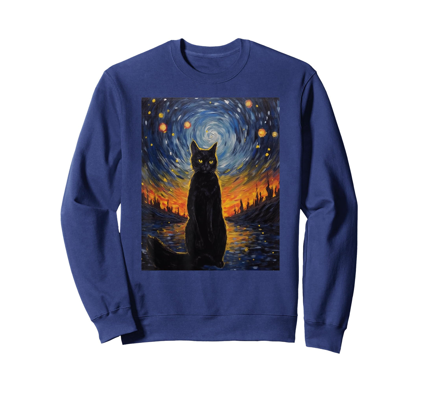 black cat Painting art Starry Night kitty kitten Van Gogh T-Shirt
