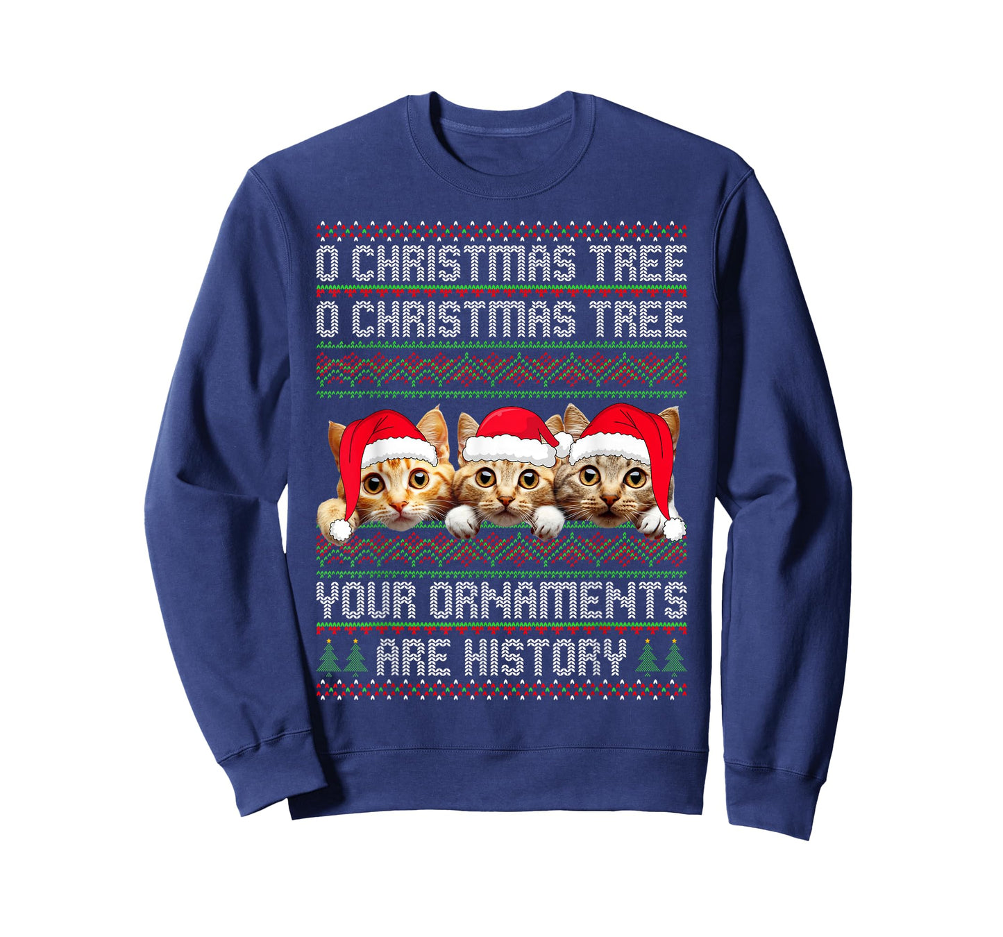 3 Cat Christmas Tree Ugly Sweater Santa Hat Funny Cat Xmas T-Shirt