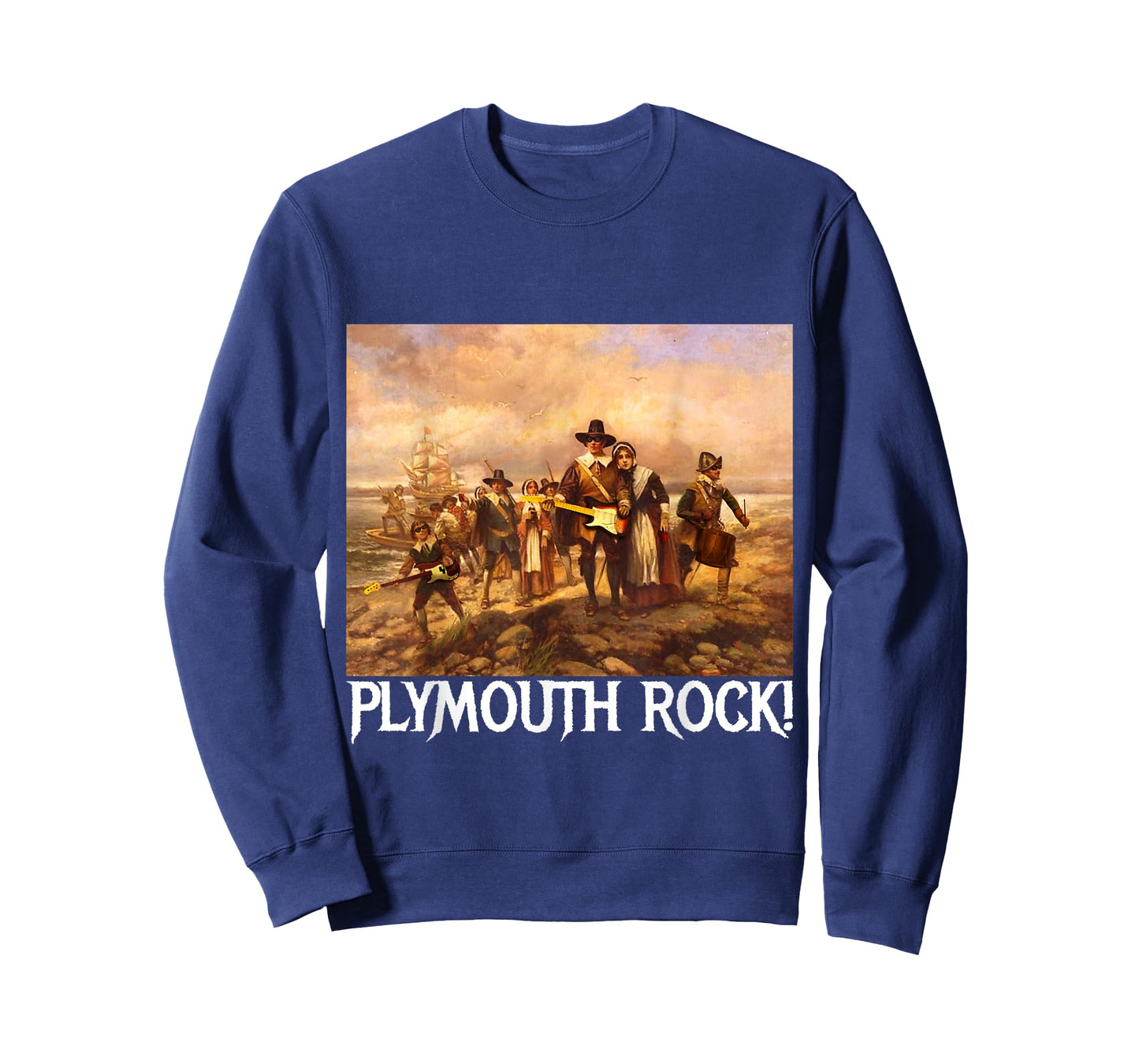Plymouth Rock! Thanksgiving Pilgrims Rocking Guitars & Drum T-Shirt