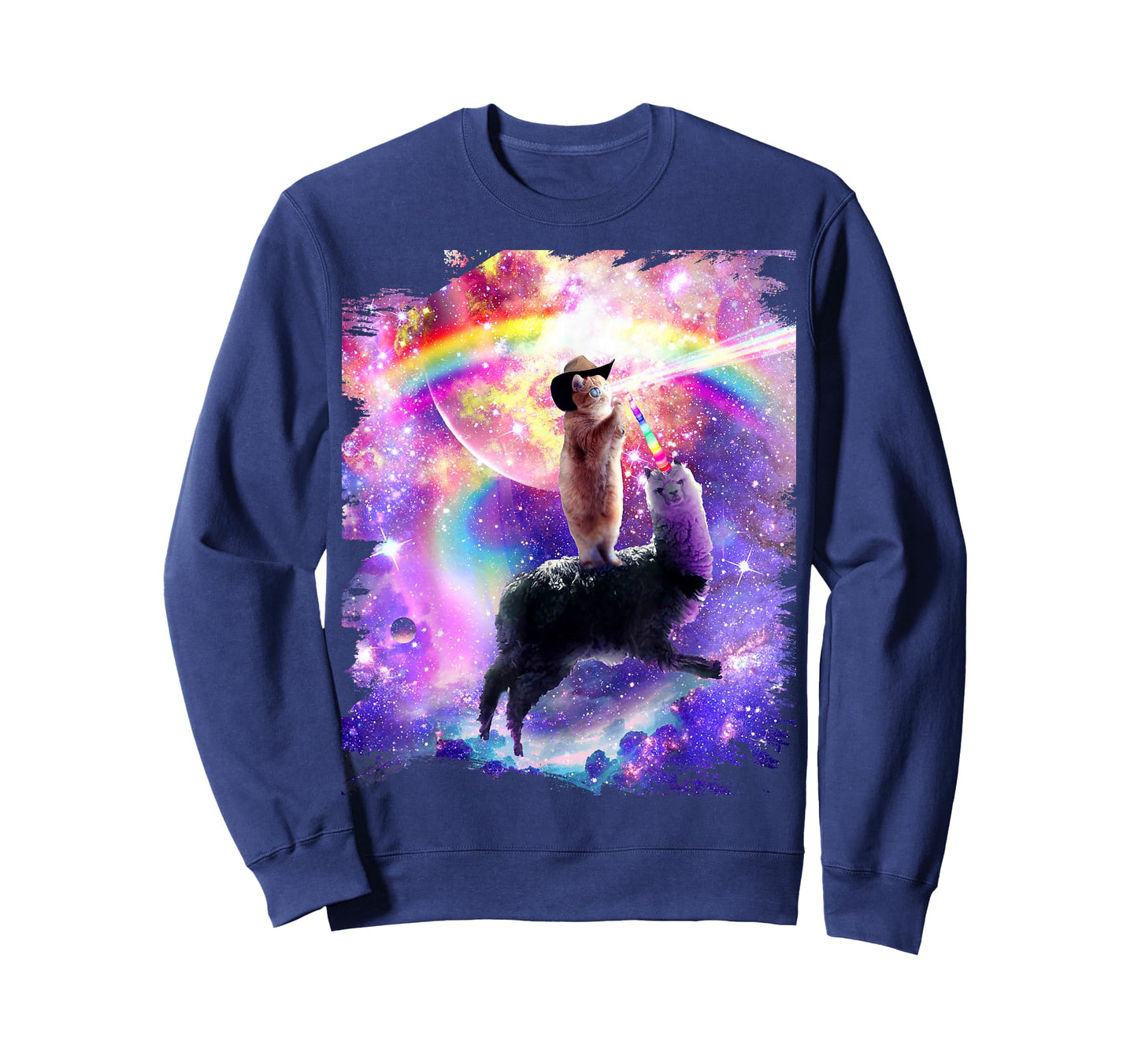 Laser Galaxy Space Cat on Rainbow Llama Unicorn T-Shirt