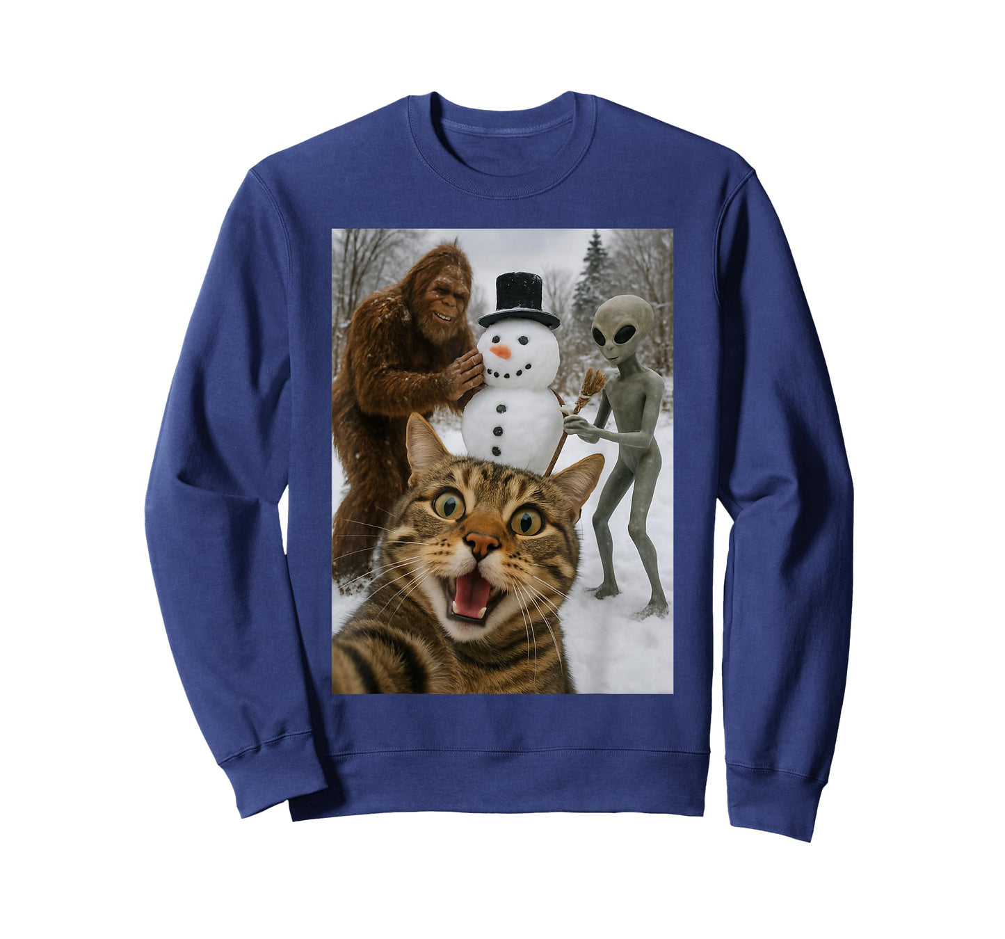 Funny Christmas Cat Selfie with Bigfoot Alien & Snowman T-Shirt