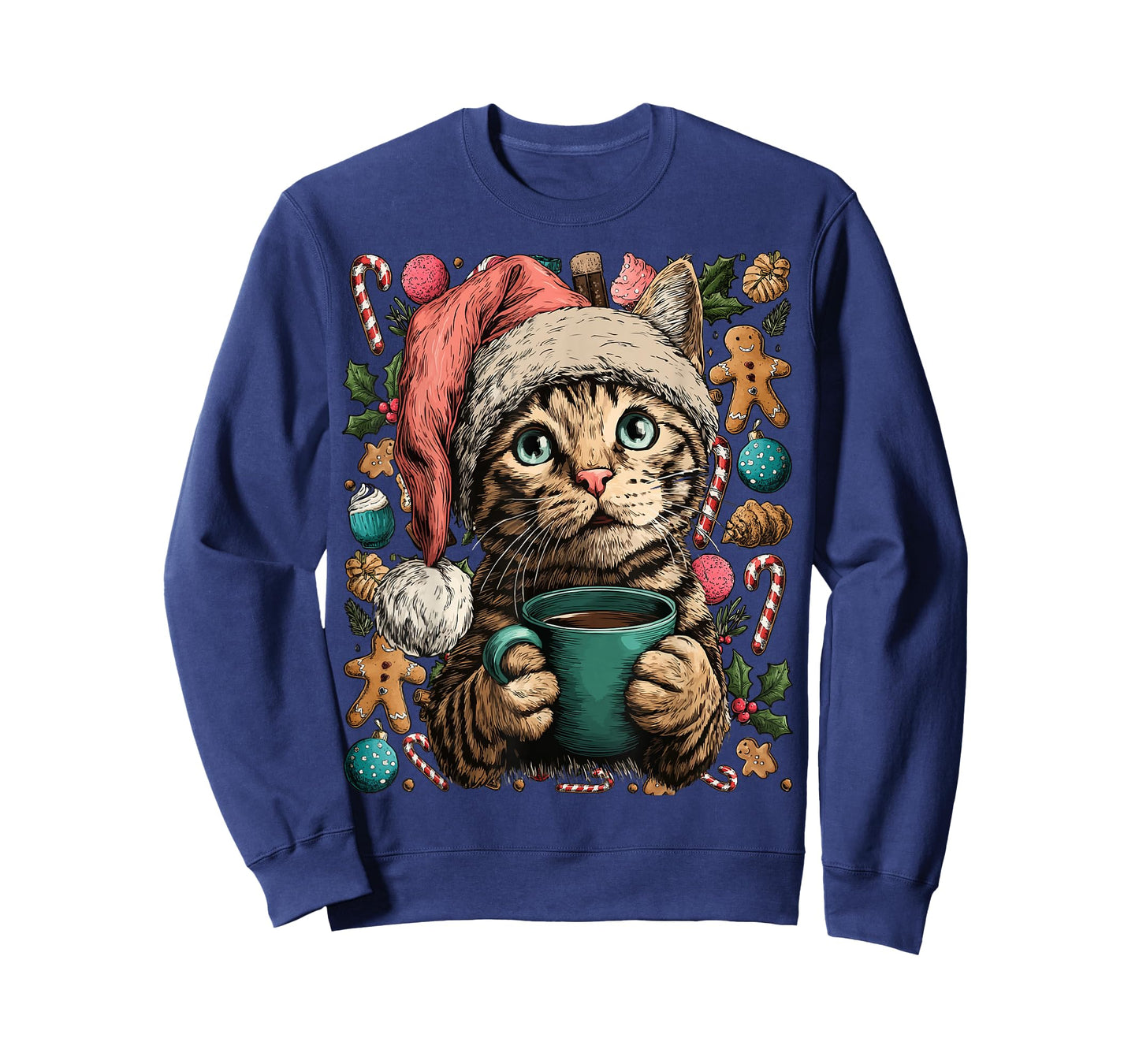 Christmas Tabby Cat with Santa Hat Cocoa Cookies Kitten T-Shirt
