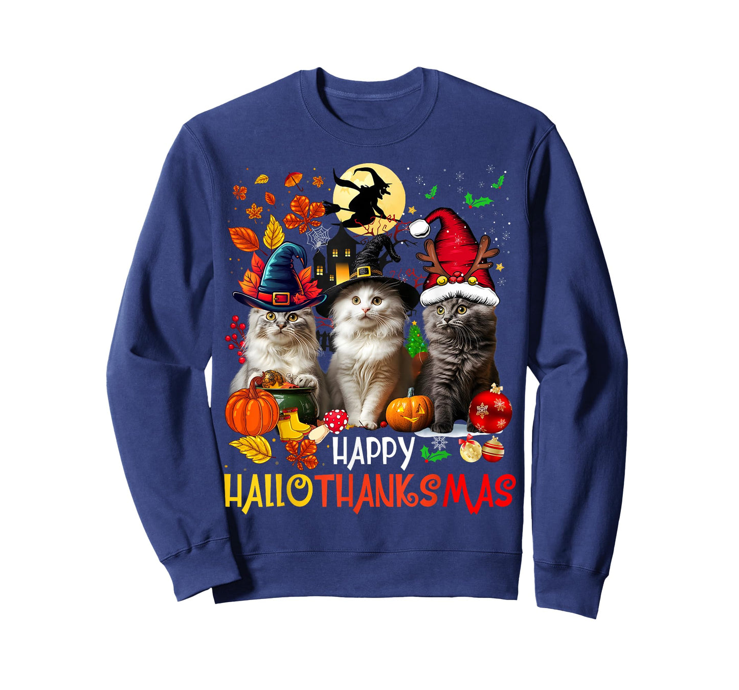 Halloween Thanksgiving Christmas Happy HalloThanksMas Cats T-Shirt
