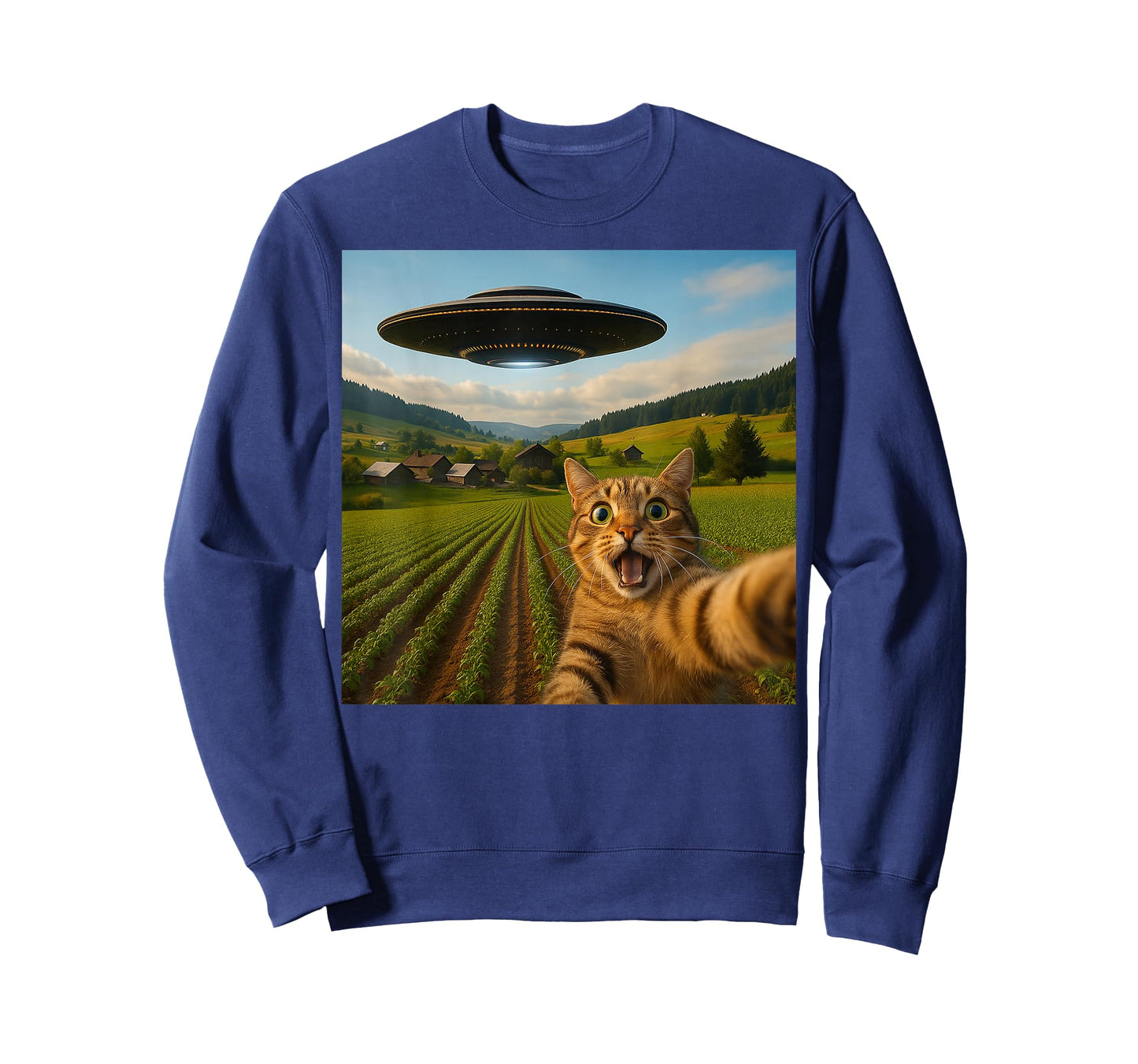 Funny Cat Selfie with Alien UFO for Men Women Kid T-Shirt