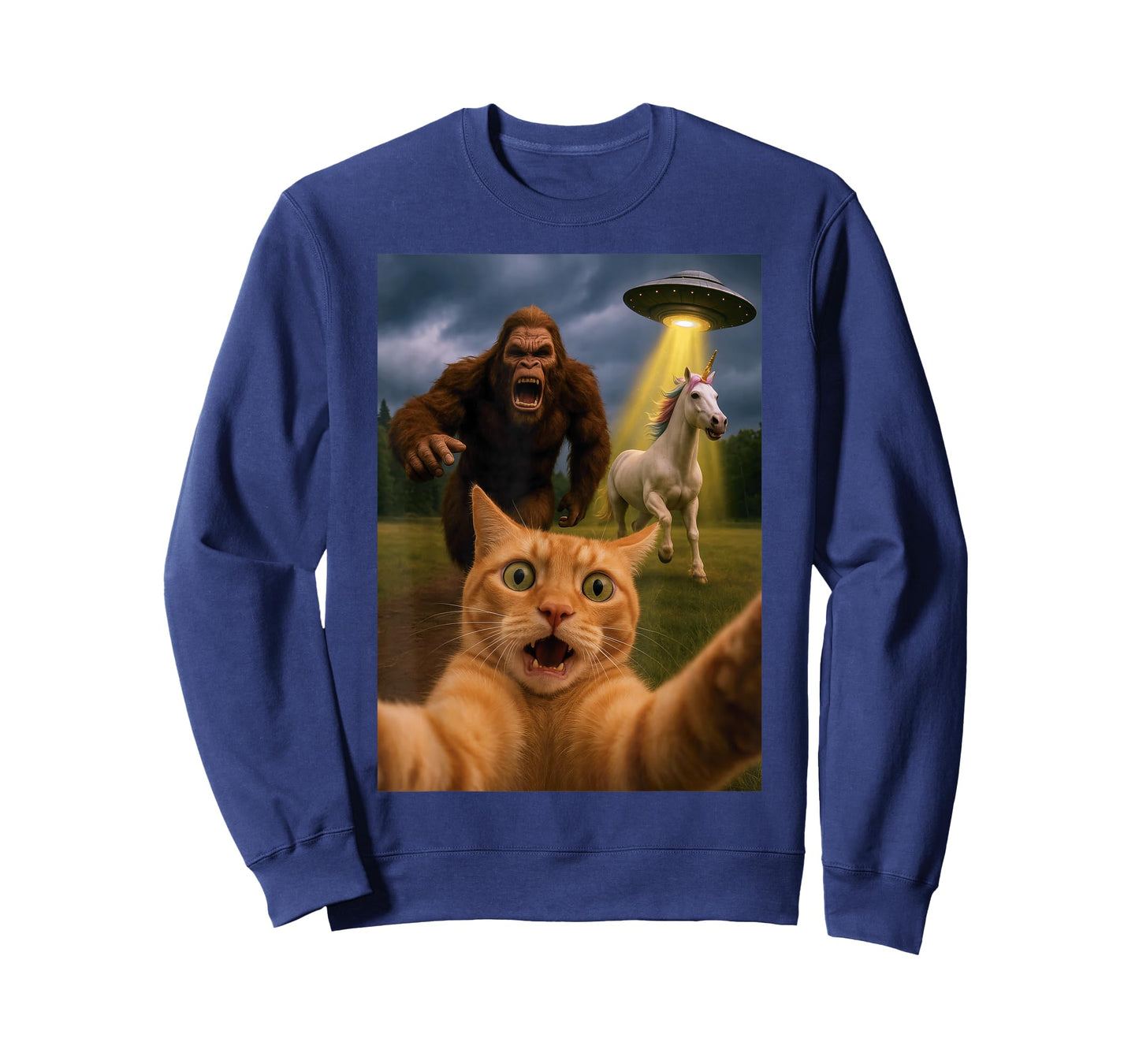 Funny Graphic Tee Cat Selfie with Bigfoot Unicorn Alien UFO T-Shirt