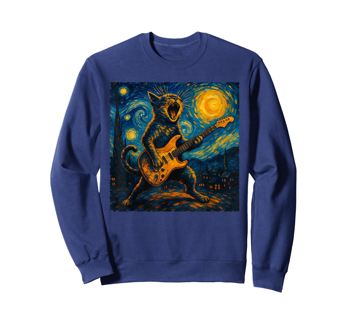 Funny Cat Playing Guitar Starry Night Van Gogh Rock and Roll T-Shirt