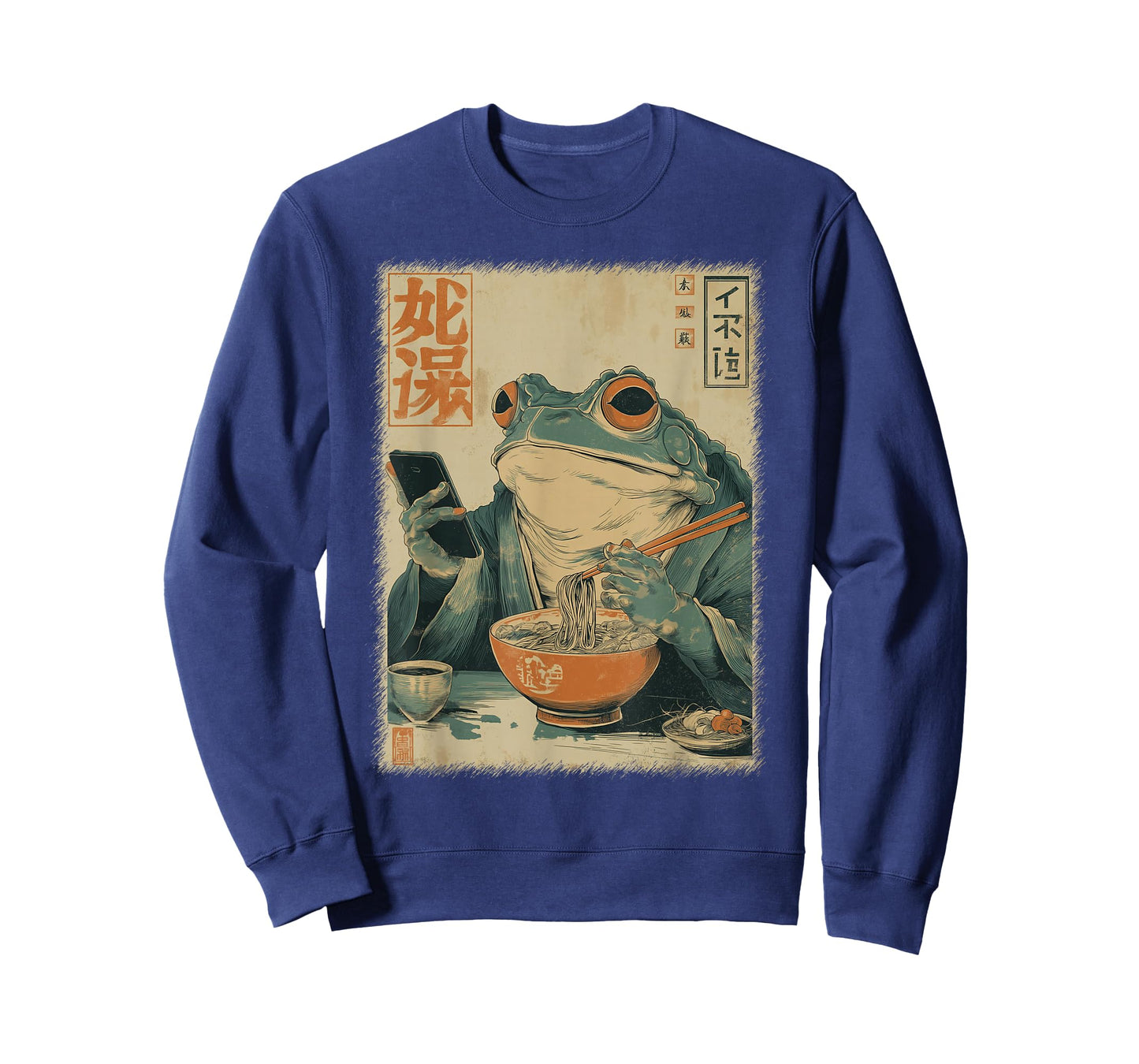 Funny Grumpy Frog Eat Ramen and Scroll Phone Japanese Art T-Shirt