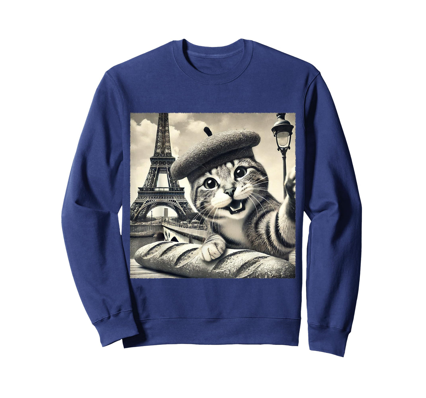 Paris Cat in Beret with Baguette Funny Eiffel Tower T-Shirt