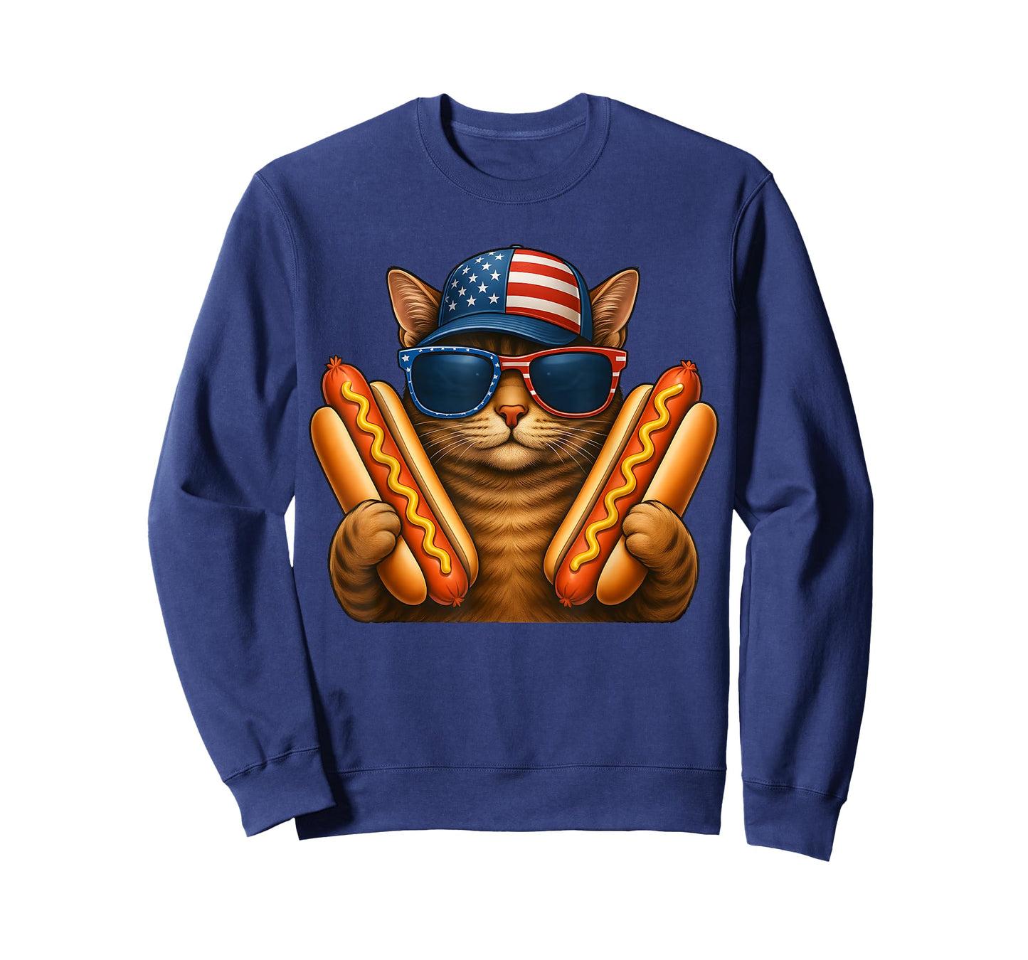 Cat with American Flag in a Hat and Hotdog for 4th of july Men Women Kids T-Shirt