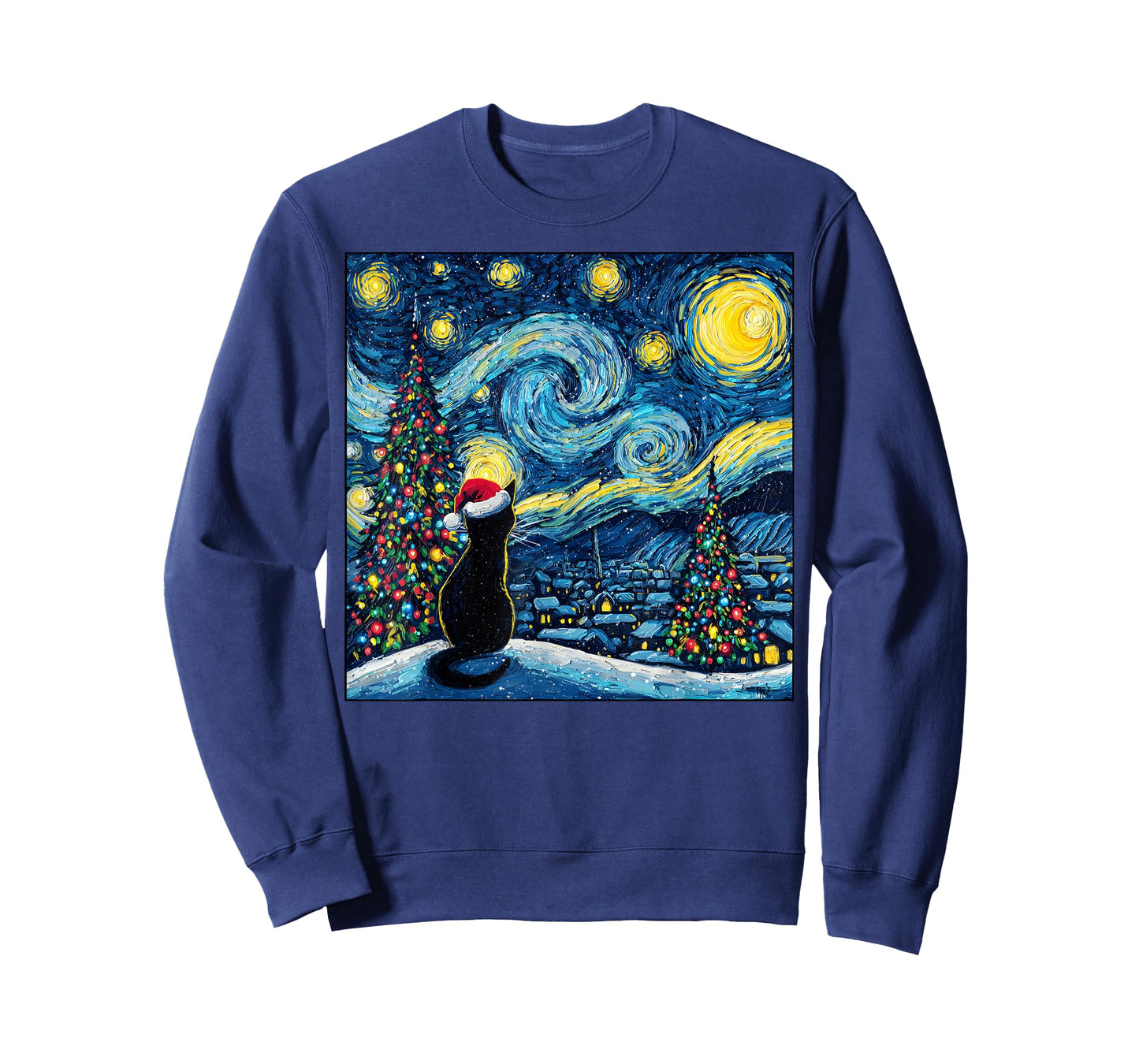 Van Gogh Starry Night Black Cat Santa Hat Toddlers Christmas T-Shirt
