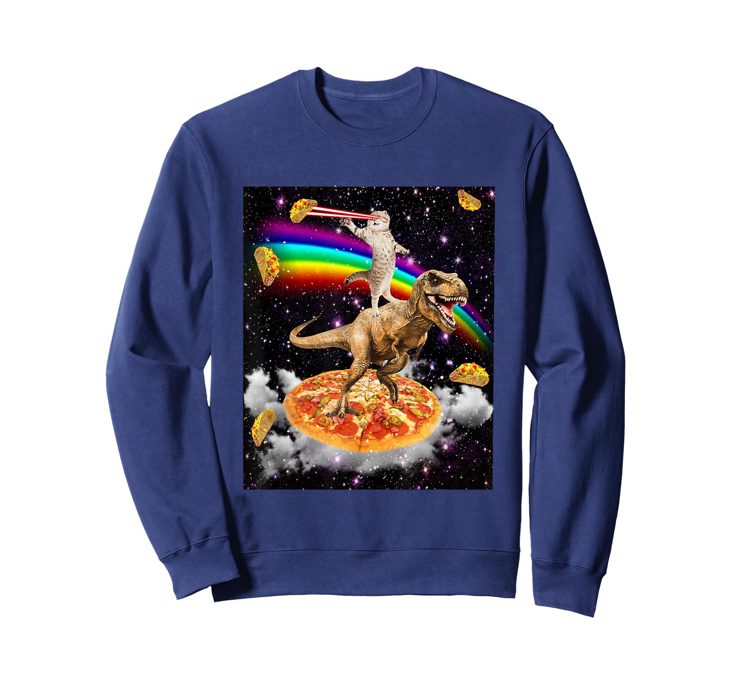 Galaxy Laser Cat on Dinosaur on Pizza with Tacos & Rainbow T-Shirt