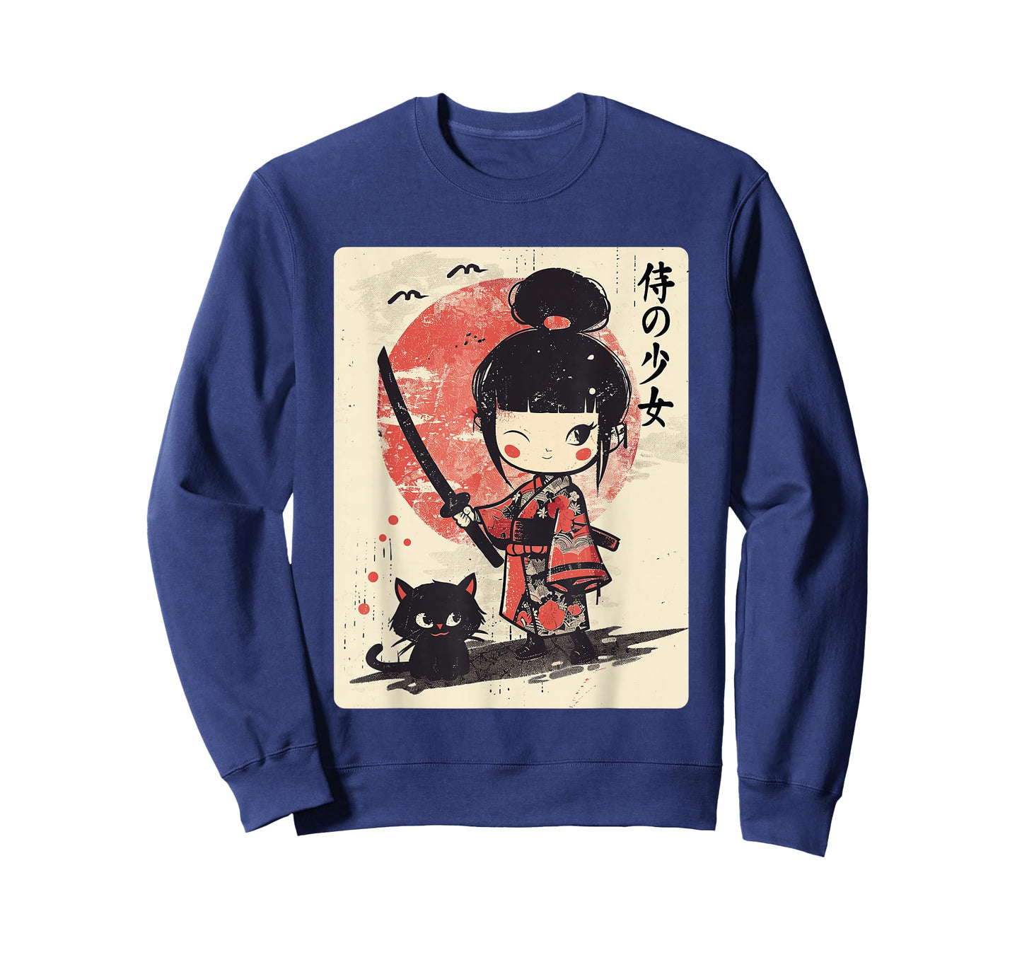 Cute Kawaii Samurai Girl with Katana & Cat Japanese Anime T-Shirt