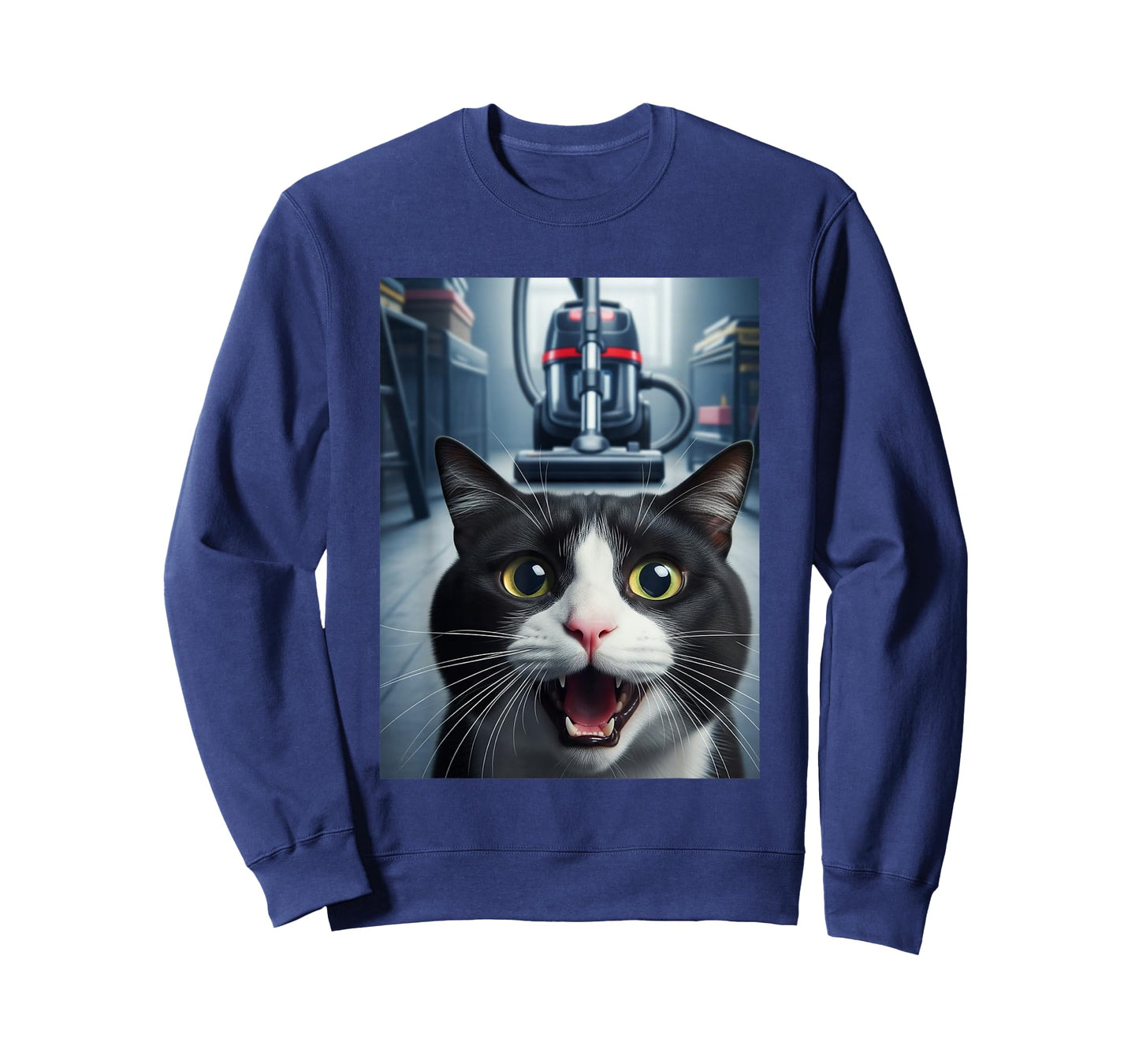 Funny Tuxedo Cat Selfie with Vacuum Chase Meme T-Shirt
