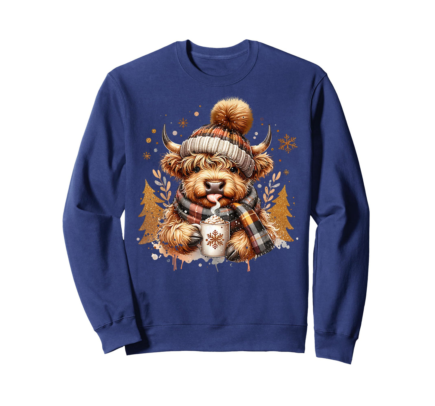 Cute Highland Cow Drinking Coffee Latte Winter Christmas T-Shirt