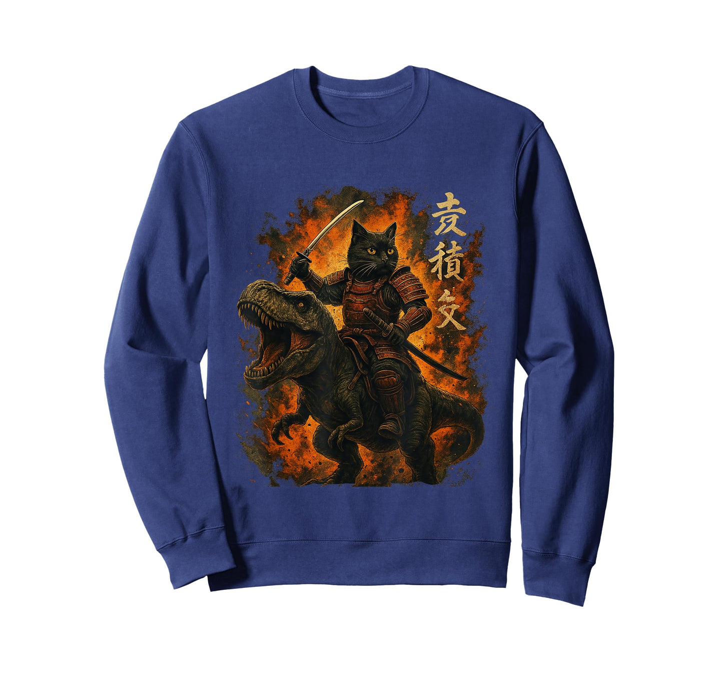 Samurai Cat Riding Dinosaur Japanese Black Cat Kanji T-Shirt