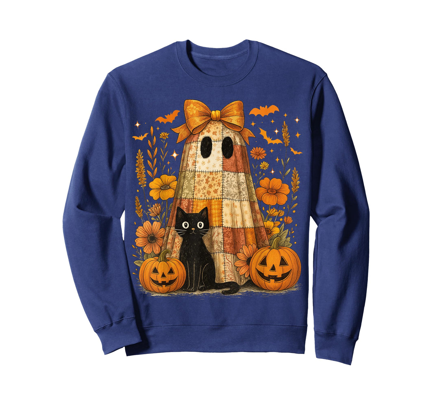 Vintage Halloween Ghost Black Cat Patchwork Floral Women Kid T-Shirt