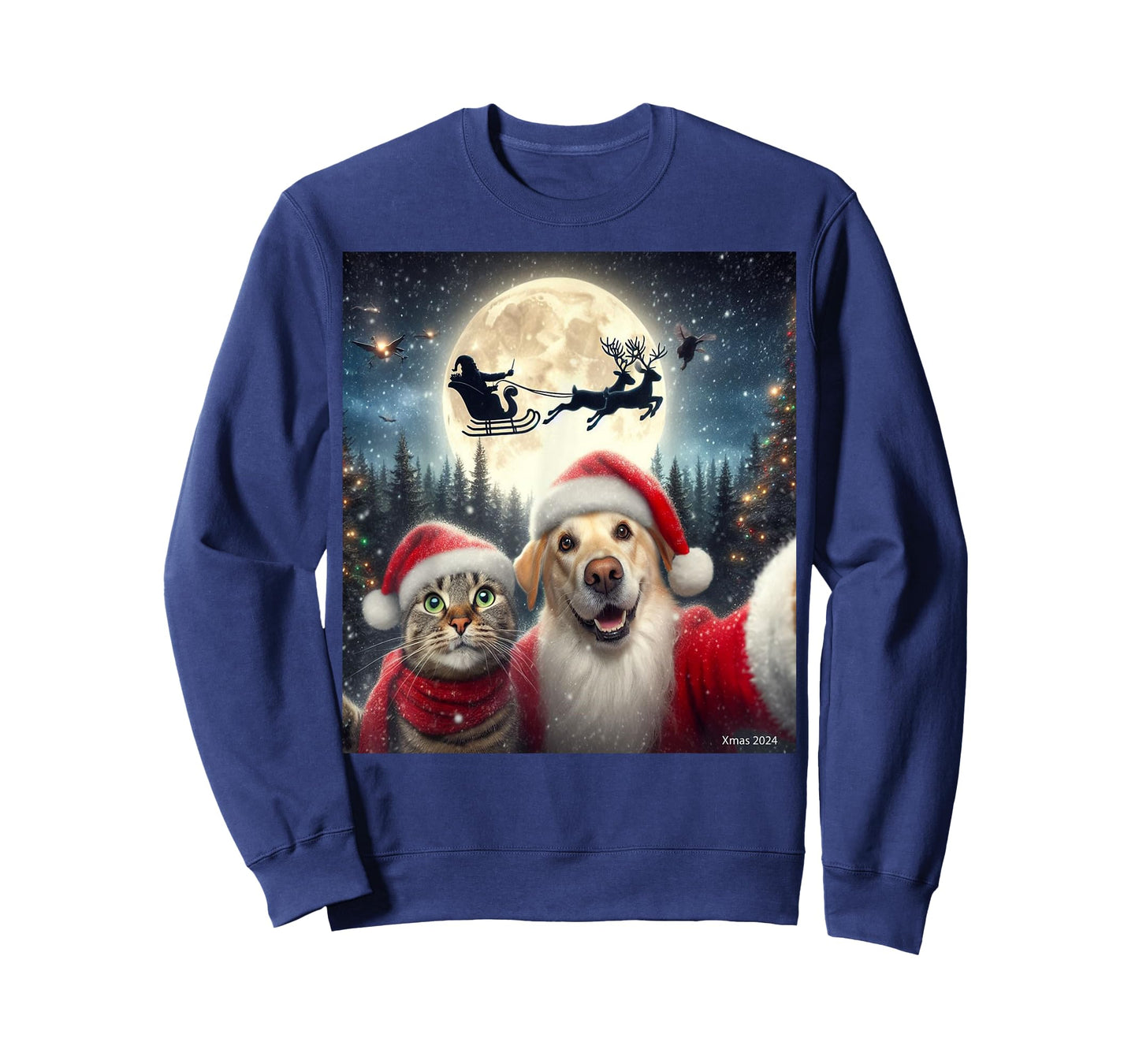 Funny cat and dog selfie with Santa Claus Christmas xmas eve T-Shirt for Men Women Kids