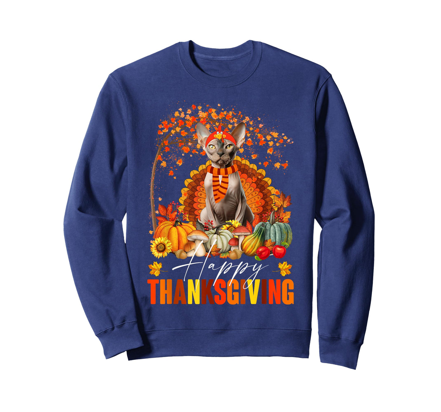 Funny Sphynx Cat In Turkey Costume Happy Thanksgiving Day T-Shirt