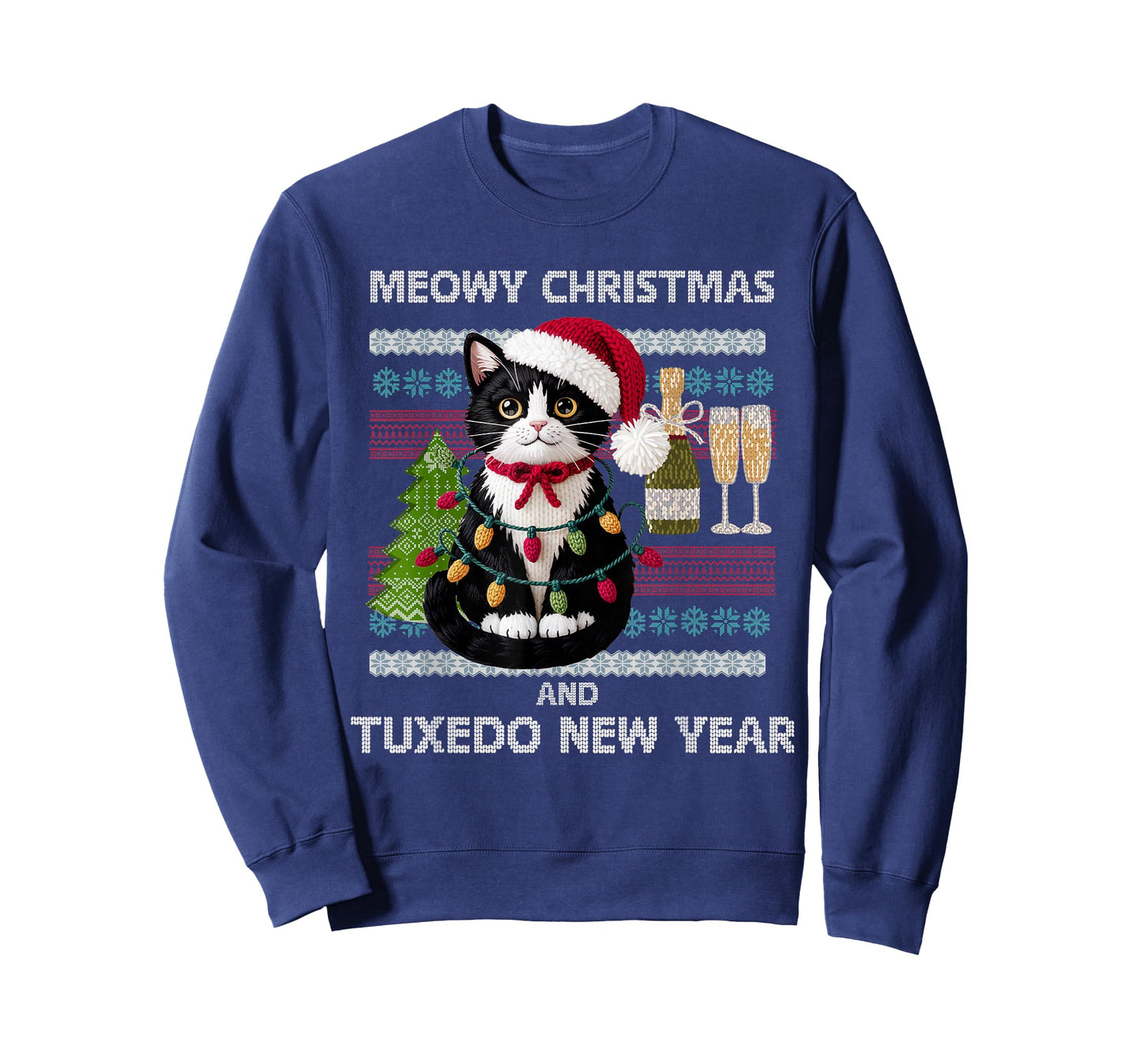 Meowy Christmas Funny Tuxedo Cat Santa Hat Ugly Sweater T-Shirt