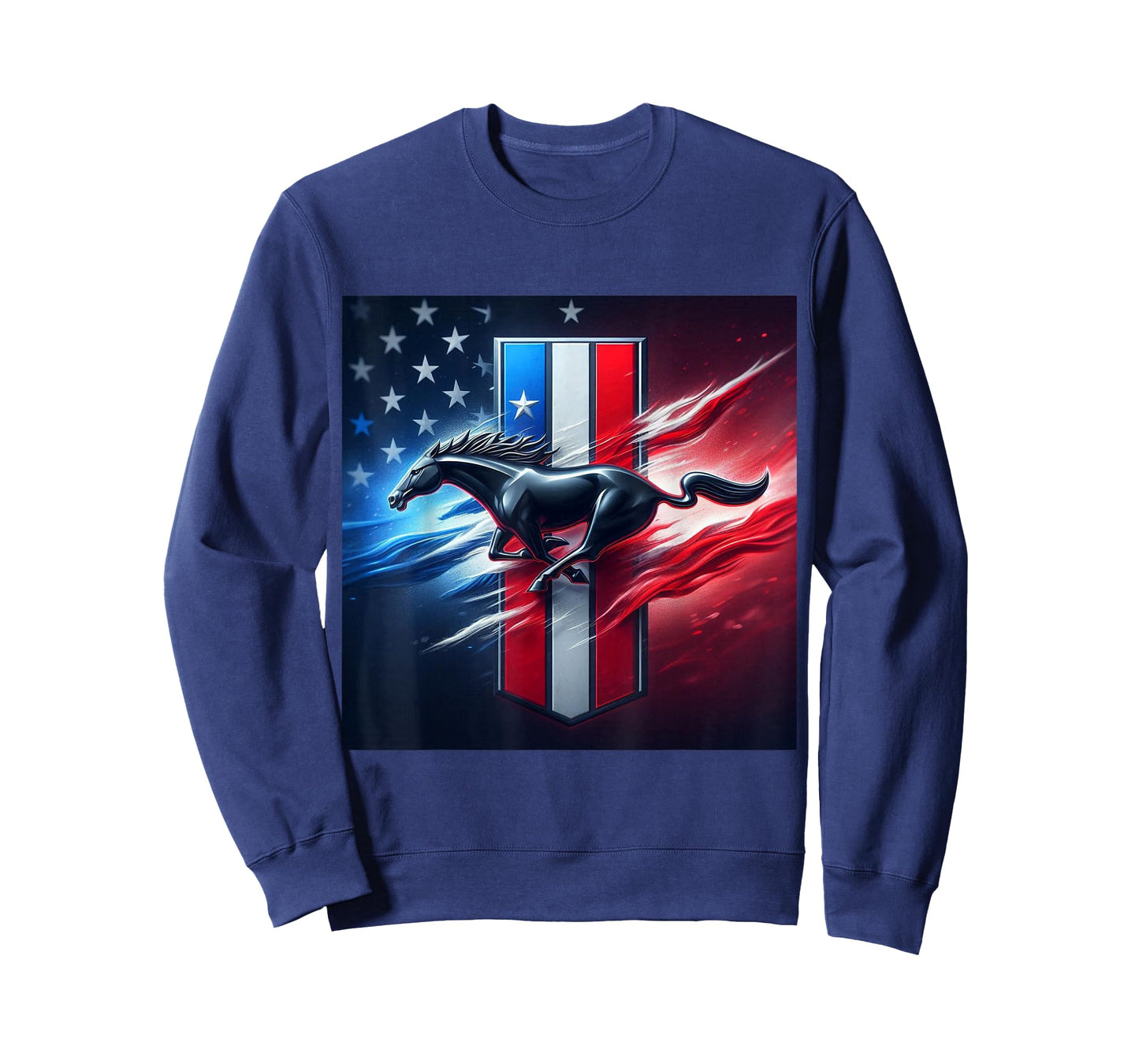 Galloping Mustang on Tri-Bar & Flag Background T-Shirt